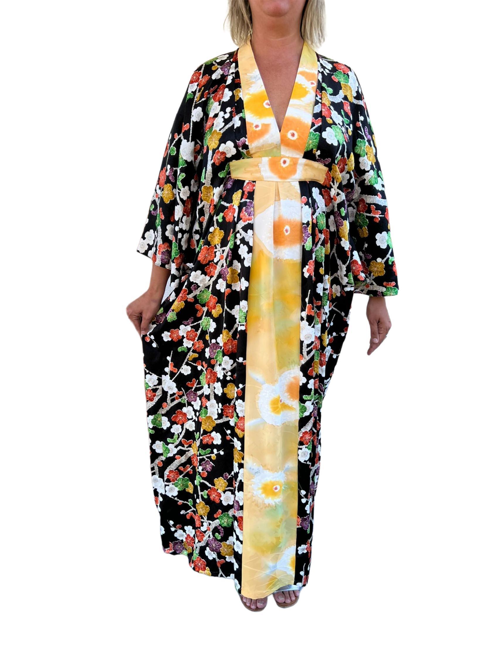Women's Morphew Collection Japanese Kimono Silk Yellow With Cherry Blossom Print Trim K For Sale