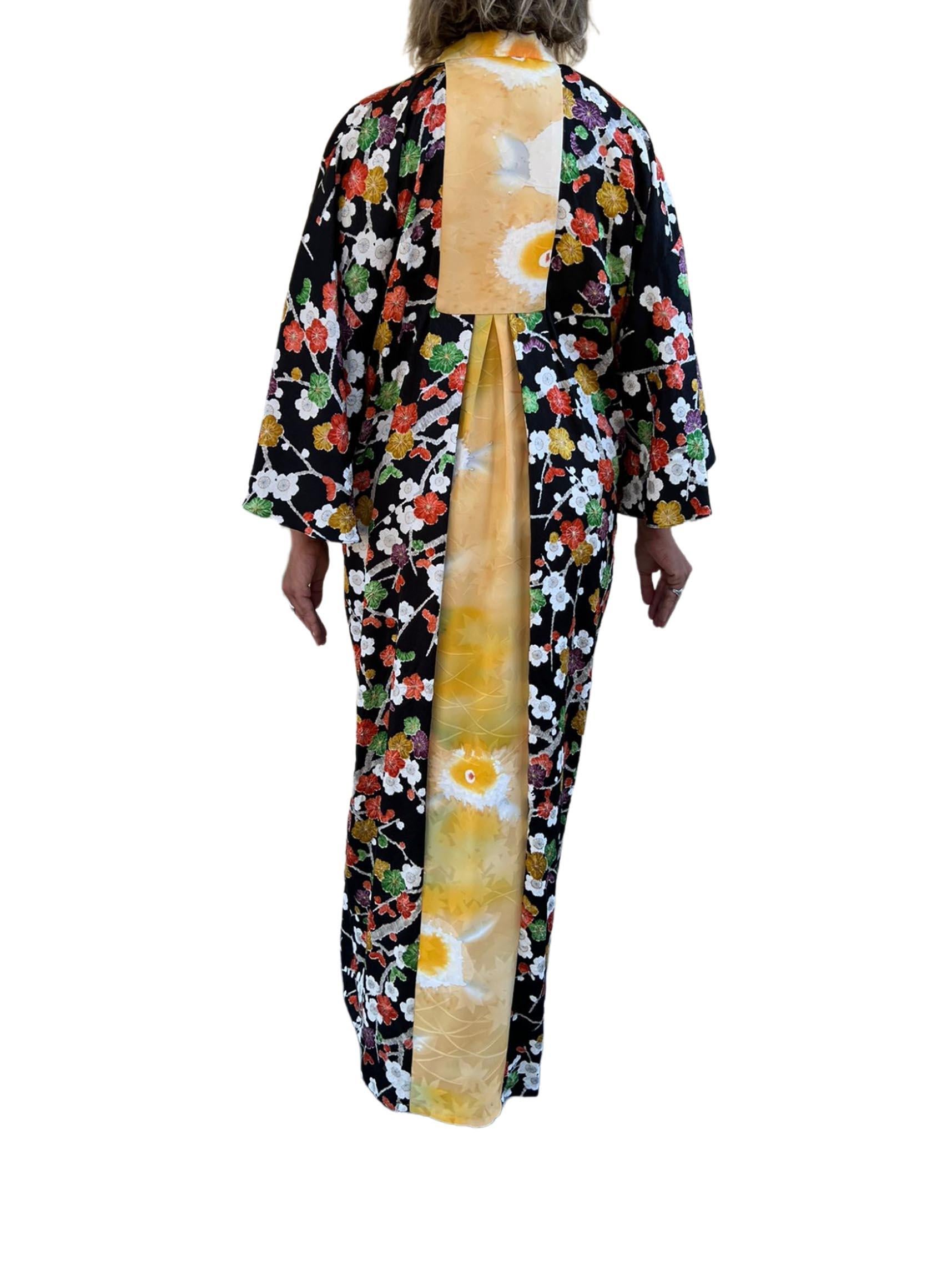 Morphew Collection Japanese Kimono Silk Yellow With Cherry Blossom Print Trim K For Sale 1