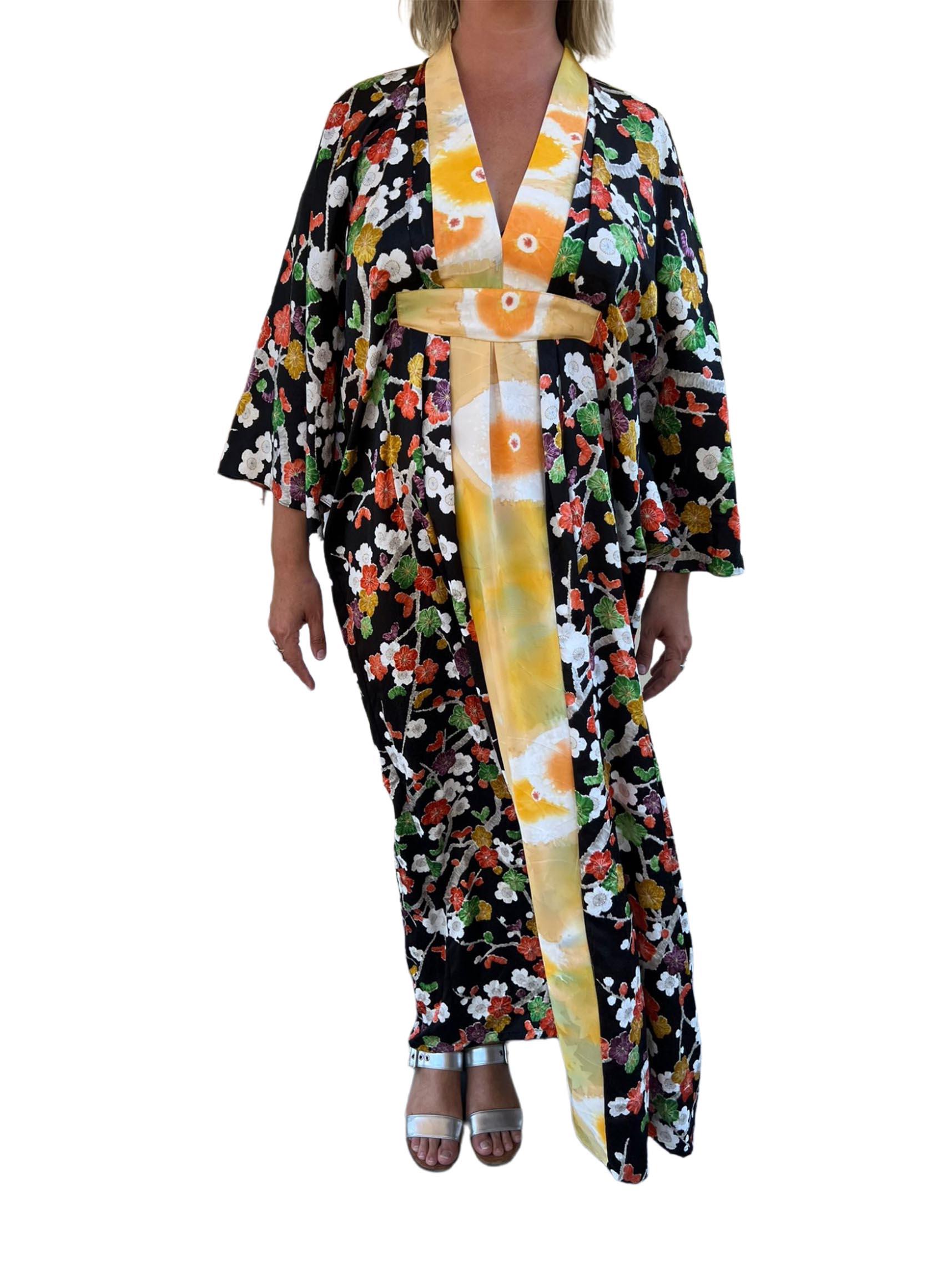 Morphew Collection Japanese Kimono Silk Yellow With Cherry Blossom Print Trim K For Sale 2
