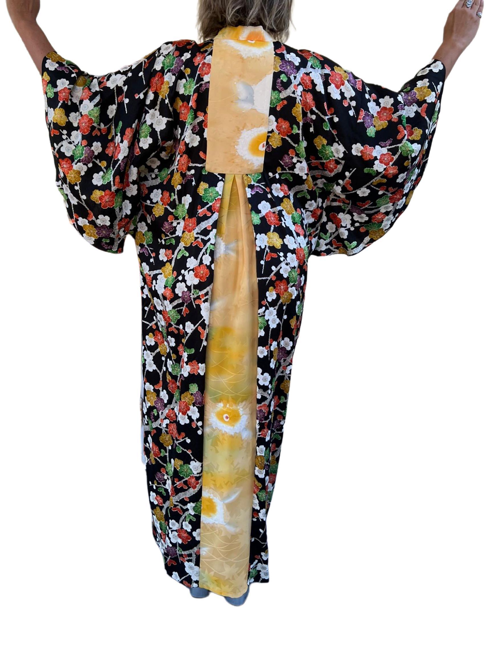 Morphew Collection Japanese Kimono Silk Yellow With Cherry Blossom Print Trim K For Sale 3