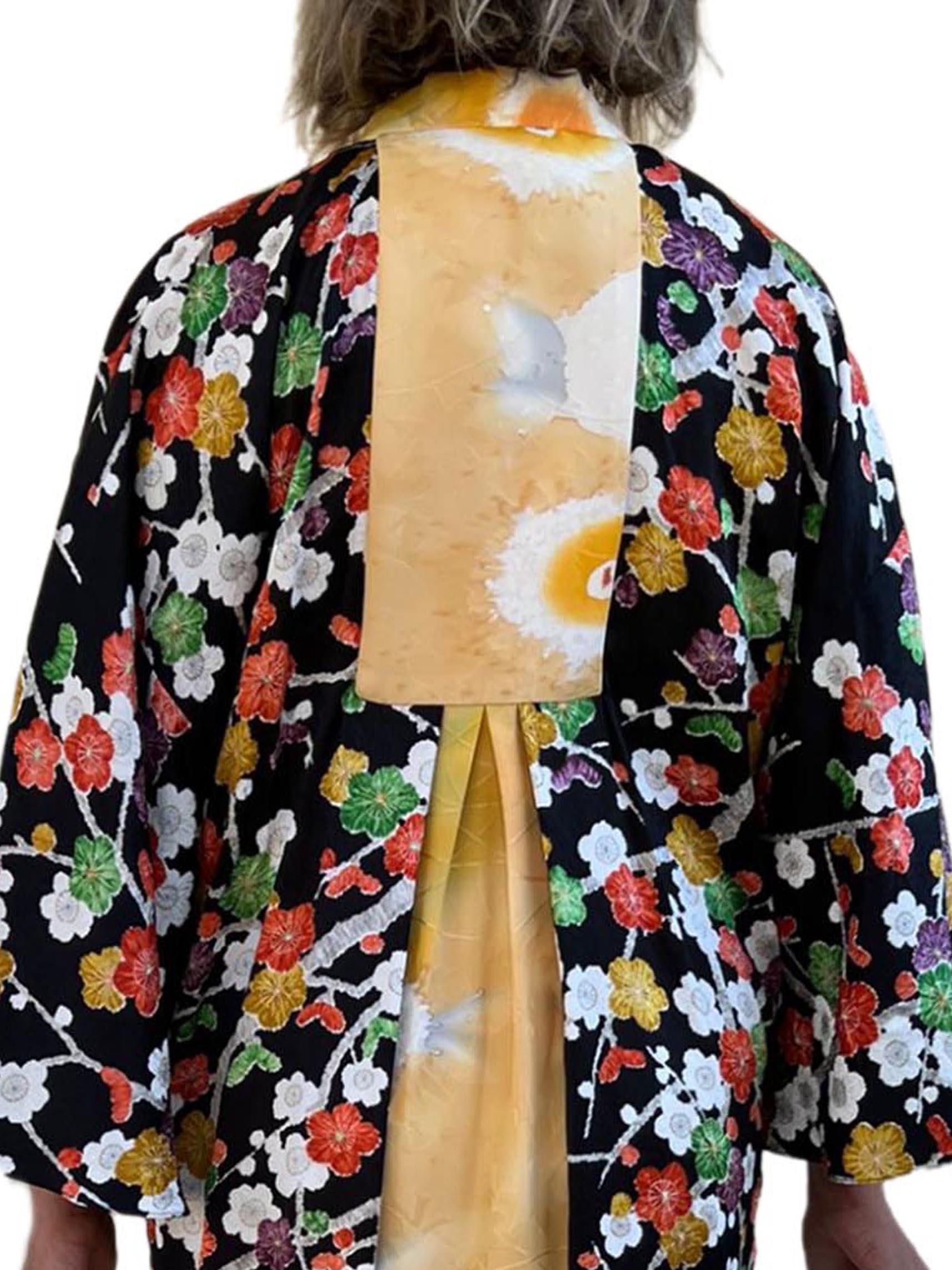 Morphew Collection Japanese Kimono Silk Yellow With Cherry Blossom Print Trim K For Sale 4