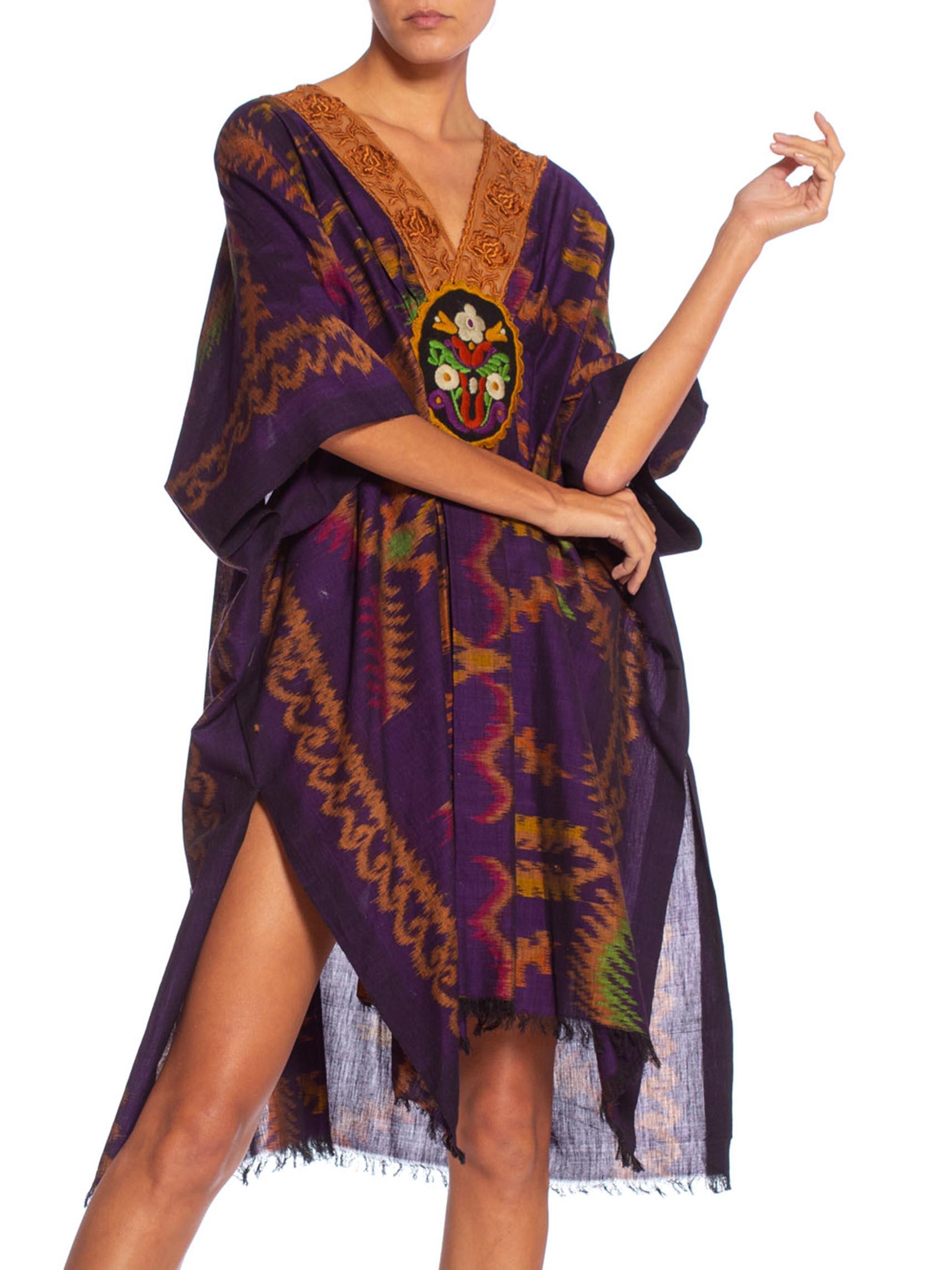 Black MORPHEW COLLECTION Purple & Brown Silk Ikat Kaftan Handmade With Victorian Lace For Sale