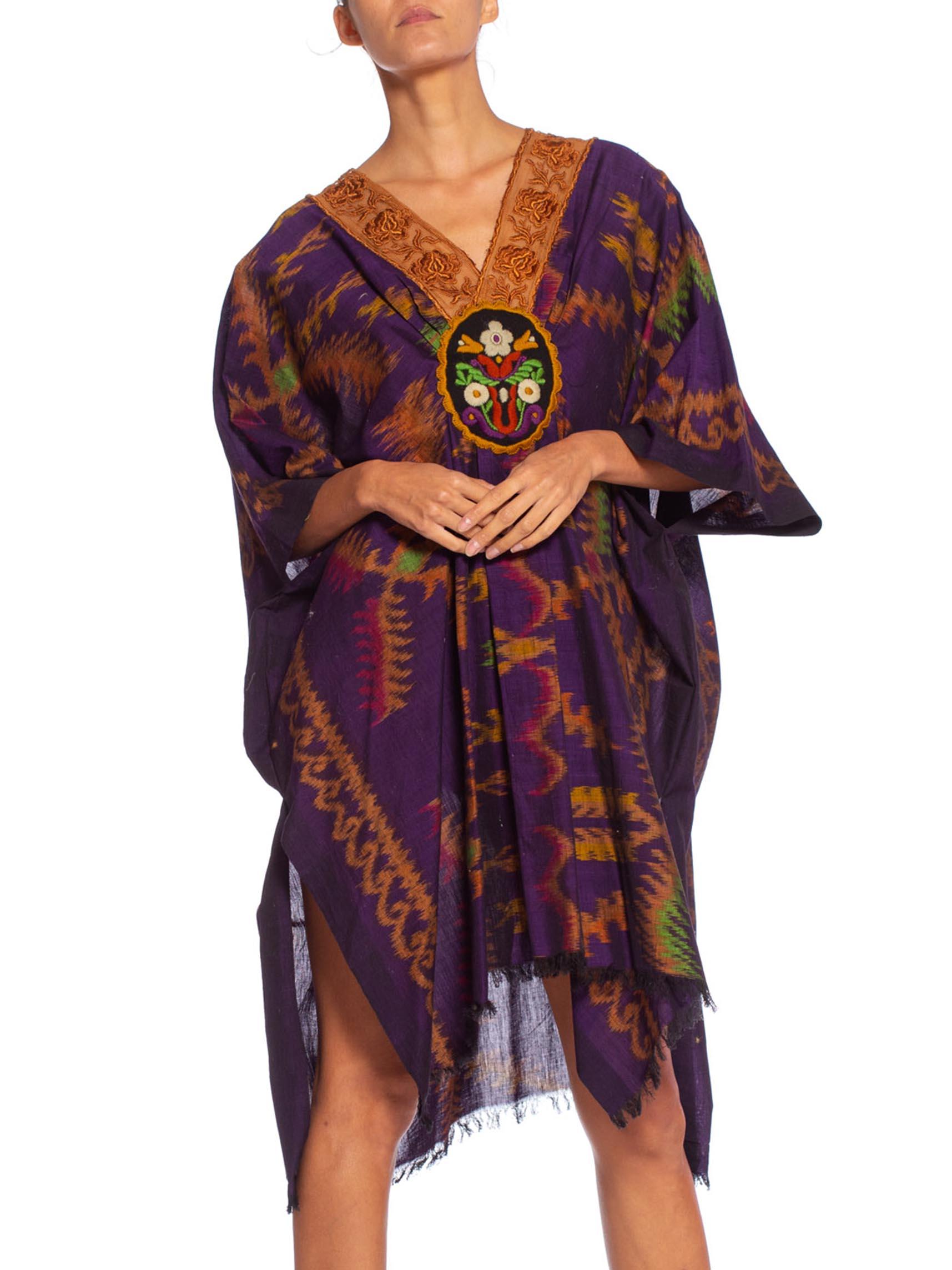 MORPHEW COLLECTION Purple & Brown Silk Ikat Kaftan Handmade With Victorian Lace In Excellent Condition For Sale In New York, NY