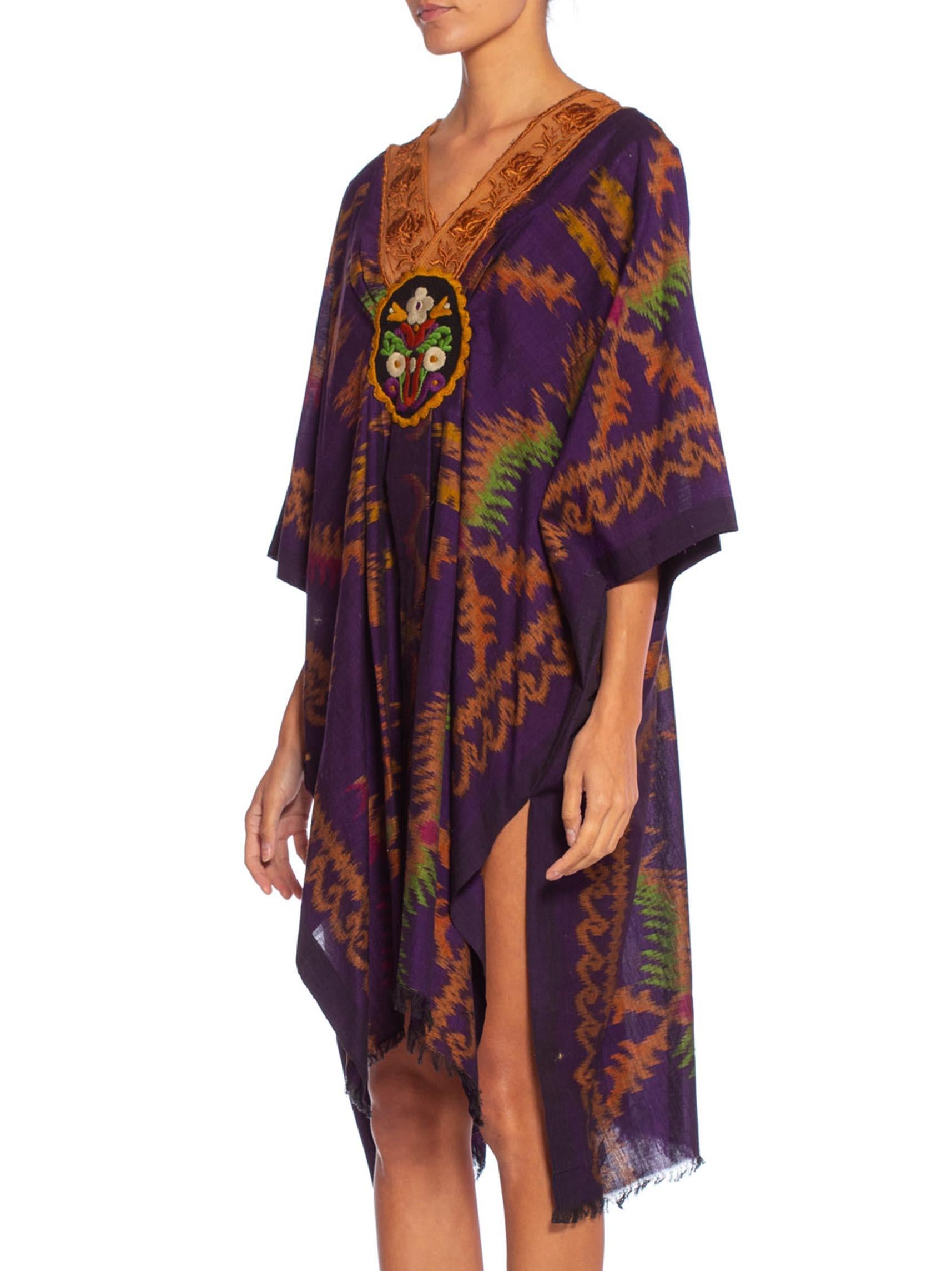 Women's MORPHEW COLLECTION Purple & Brown Silk Ikat Kaftan Handmade With Victorian Lace For Sale