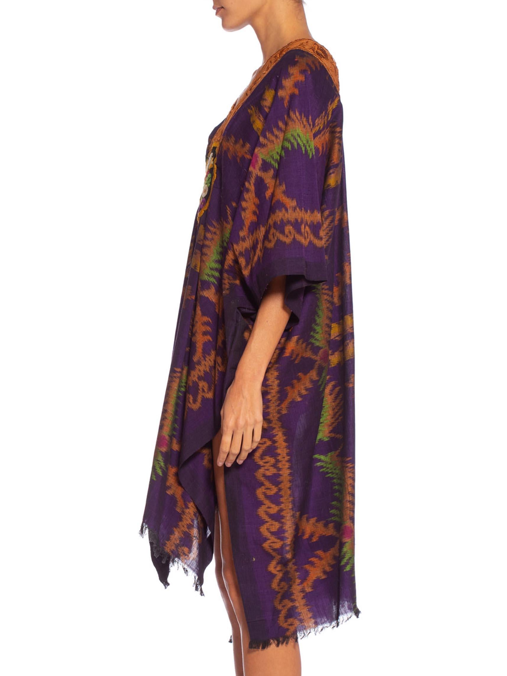 MORPHEW COLLECTION Purple & Brown Silk Ikat Kaftan Handmade With Victorian Lace For Sale 1