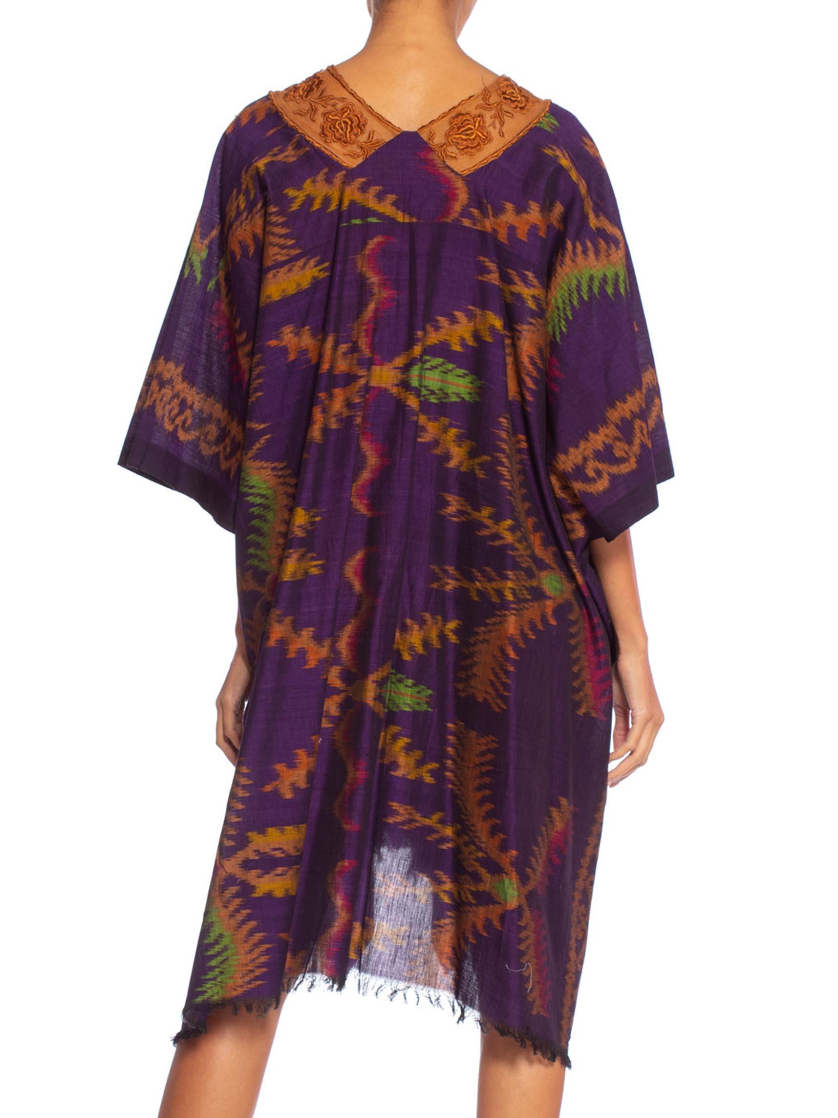MORPHEW COLLECTION Purple & Brown Silk Ikat Kaftan Handmade With Victorian Lace For Sale 2