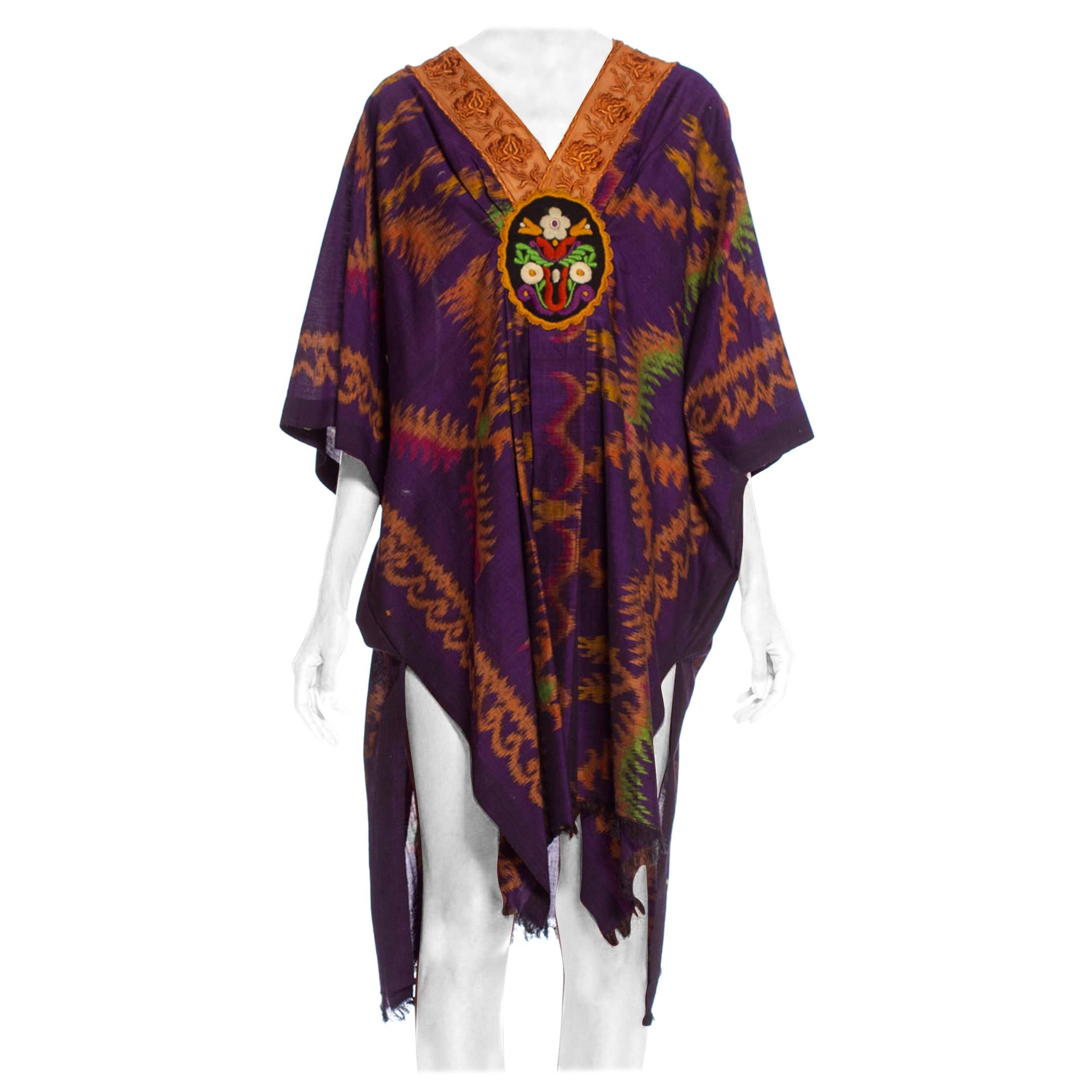 MORPHEW COLLECTION Purple & Brown Silk Ikat Kaftan Handmade With Victorian Lace For Sale