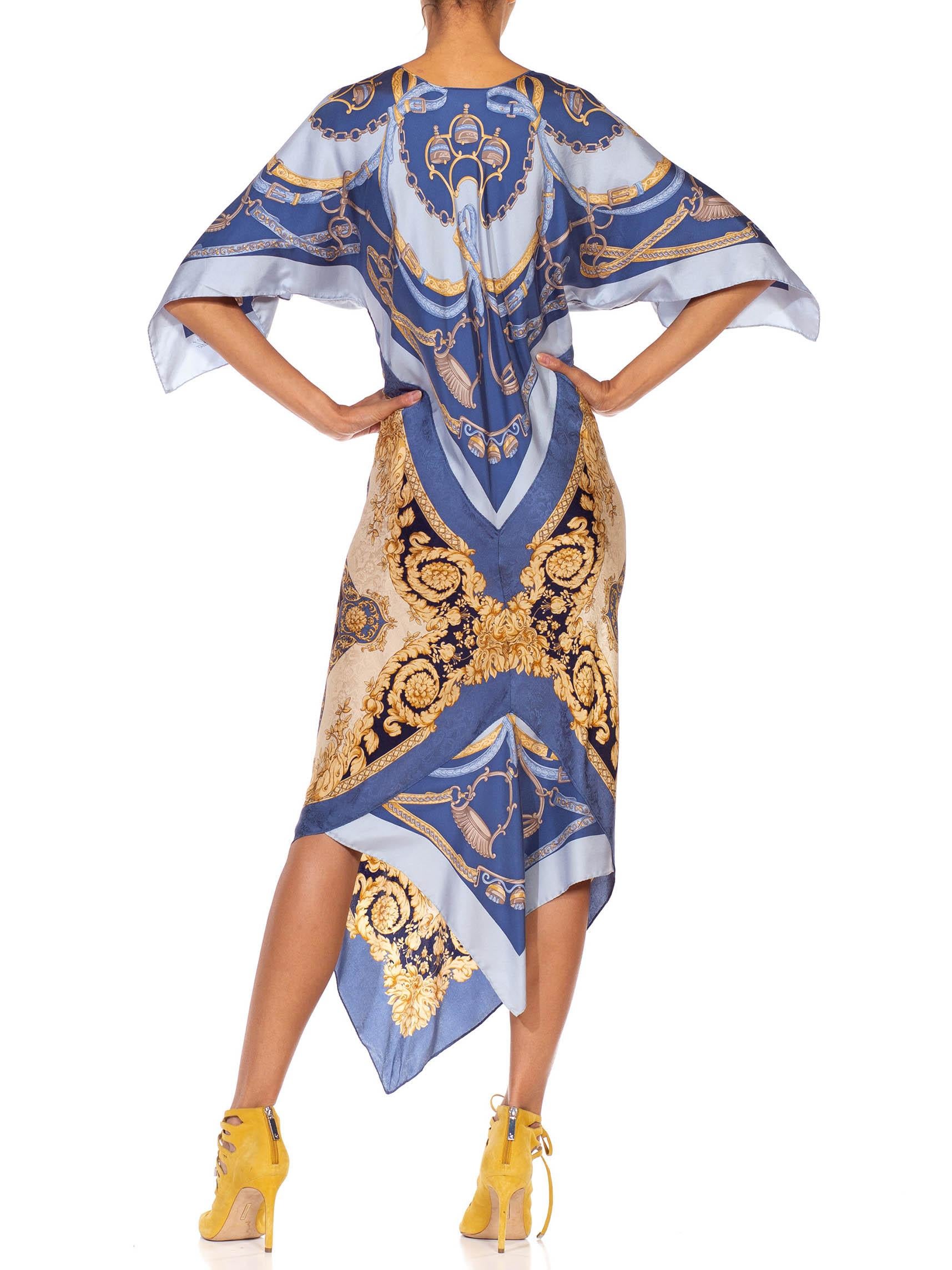 MORPHEW COLLECTION Light Blue Gold Silk Versace Style Print 2-Scarf Dress Made  2