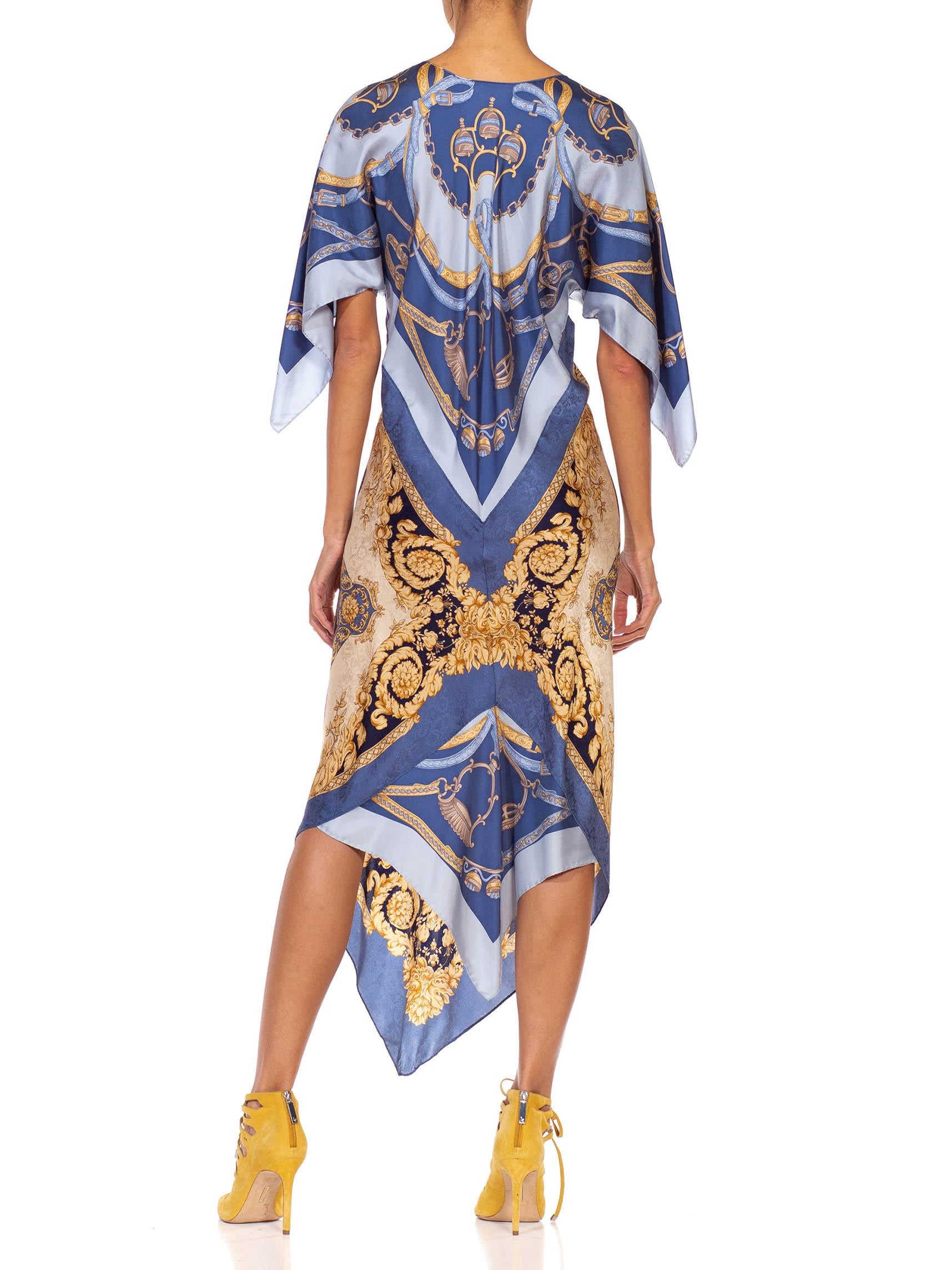 Brown MORPHEW COLLECTION Light Blue Gold Silk Versace Style Print 2-Scarf Dress Made 