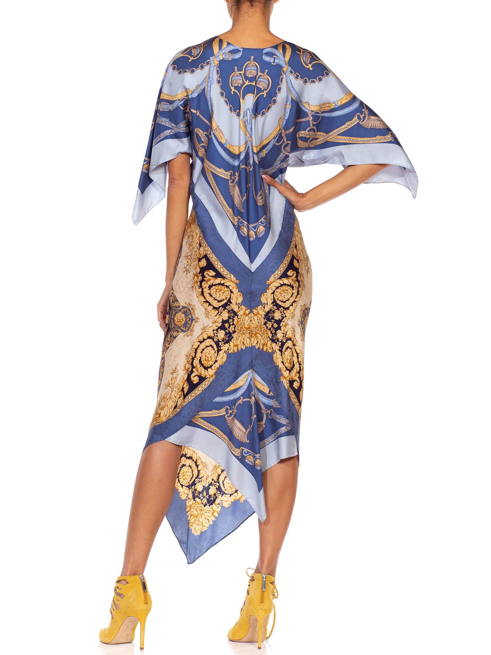 MORPHEW COLLECTION Light Blue Gold Silk Versace Style Print 2-Scarf Dress Made  In Excellent Condition In New York, NY