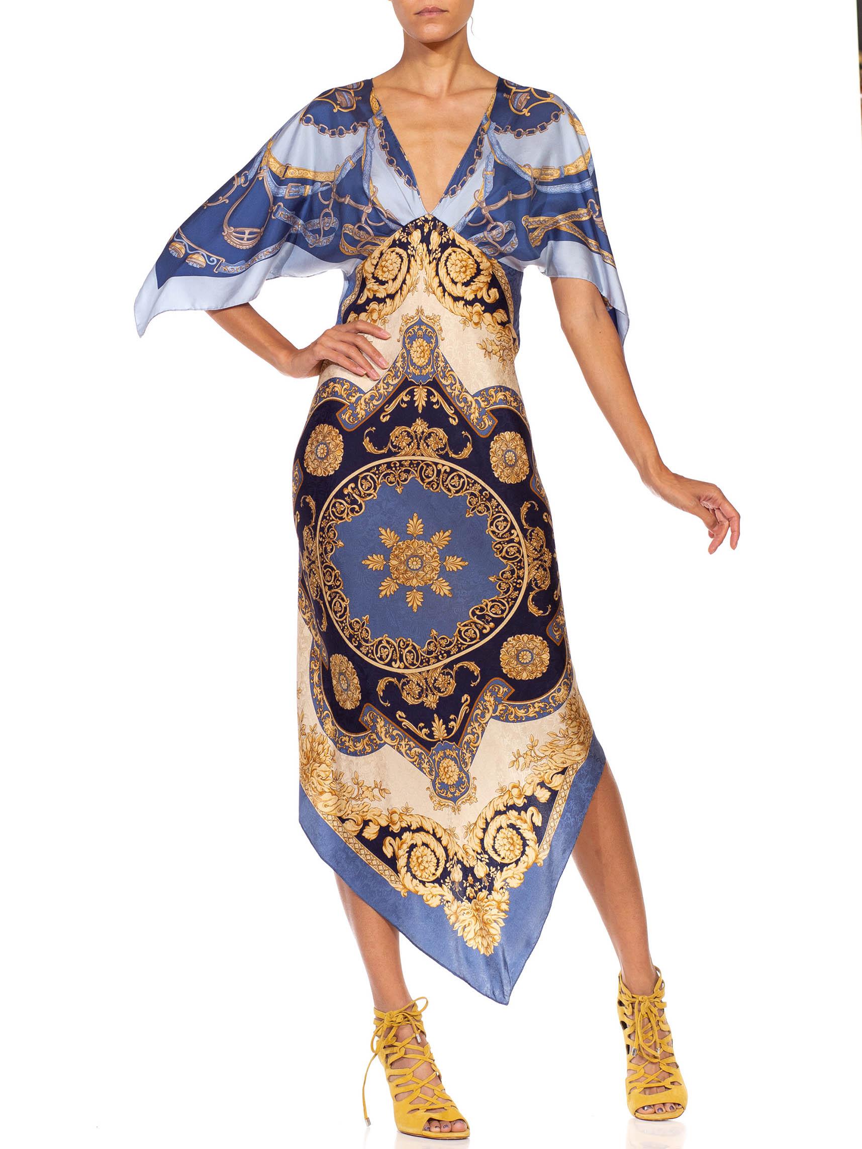 Women's MORPHEW COLLECTION Light Blue Gold Silk Versace Style Print 2-Scarf Dress Made 