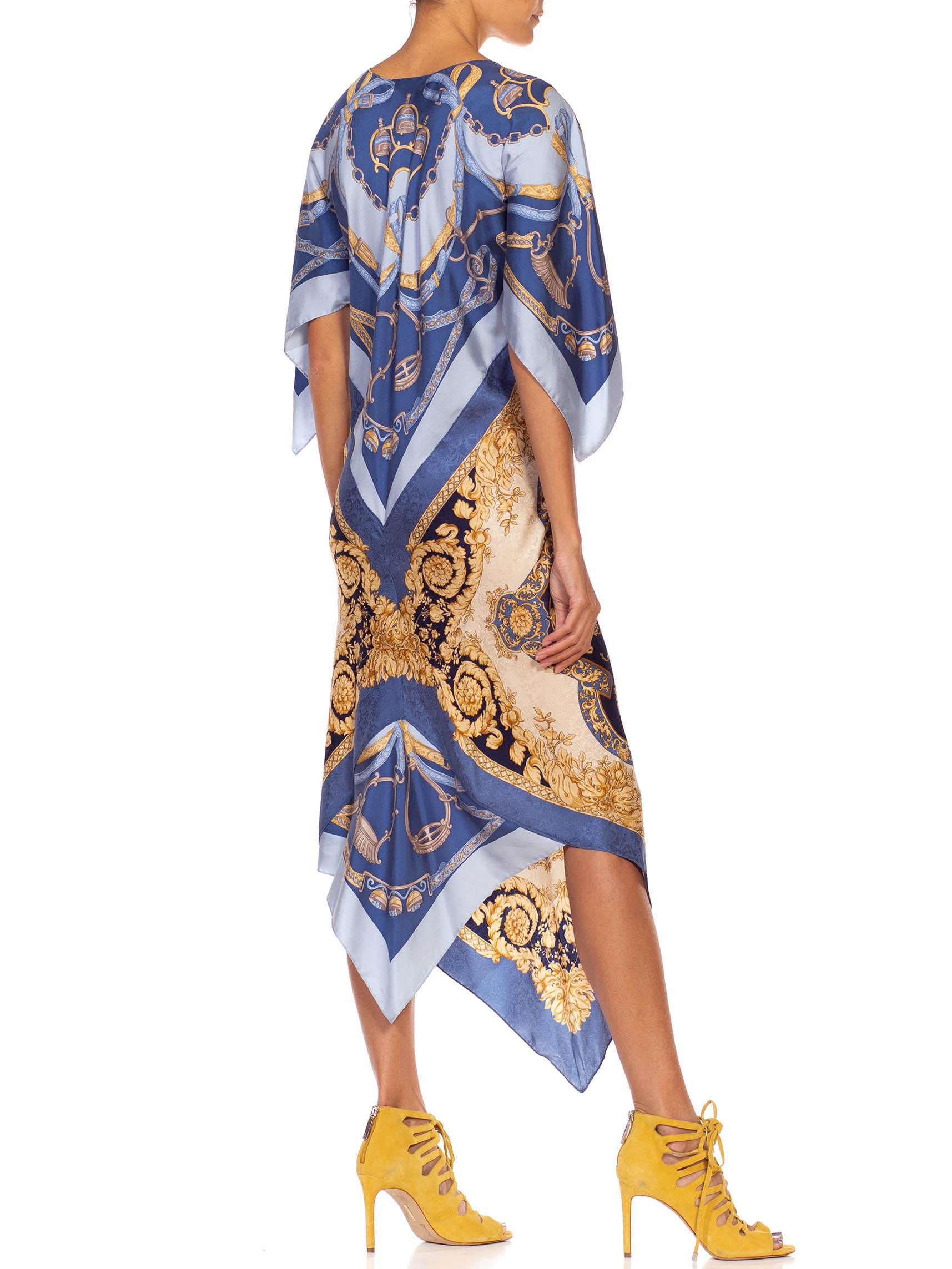MORPHEW COLLECTION Light Blue Gold Silk Versace Style Print 2-Scarf Dress Made  1