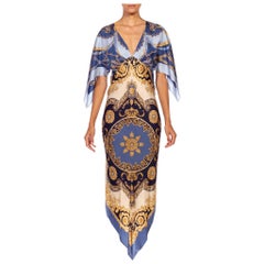 MORPHEW COLLECTION Light Blue Gold Silk Versace Style Print 2-Scarf Dress Made