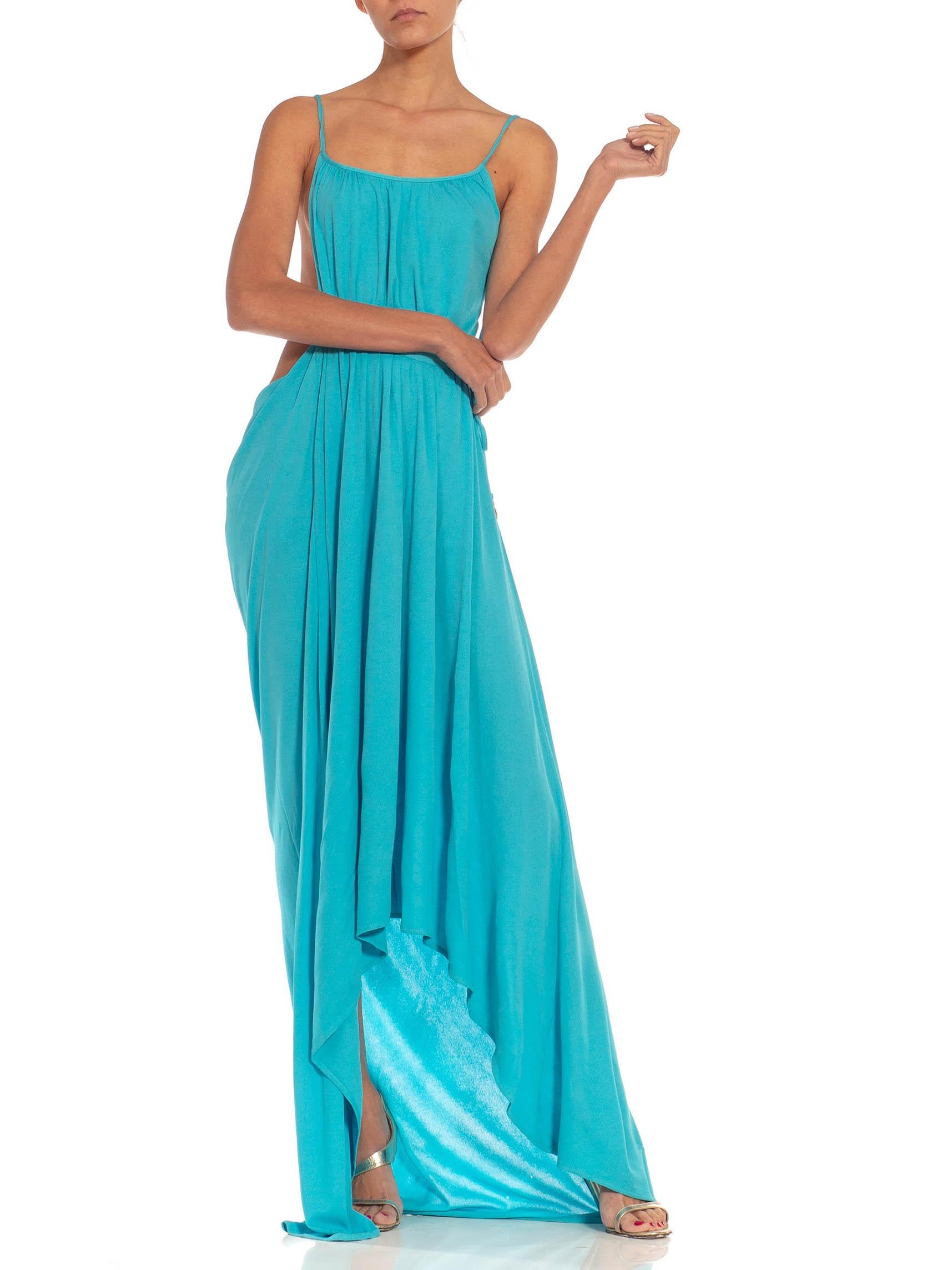 MORPHEW COLLECTION Light Blue Silk Blend Backless Gown In Excellent Condition For Sale In New York, NY