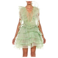 Morphew Collection Light Green Cotton Organdy Layered Ruffled Backless Dress