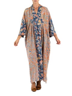 MORPHEW COLLECTION Light Orange Japanese Kimono Silk Navy Blue Trim Kaftan
