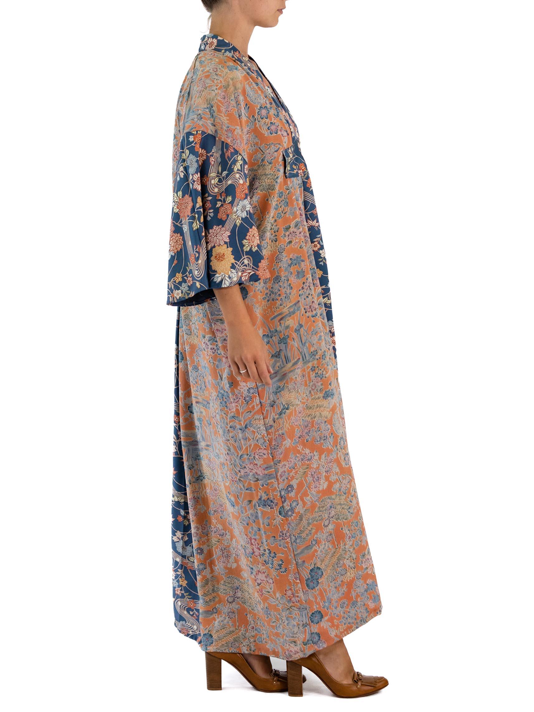 Women's MORPHEW COLLECTION Light Orange Japanese Kimono Silk Navy Blue Trim Kaftan For Sale