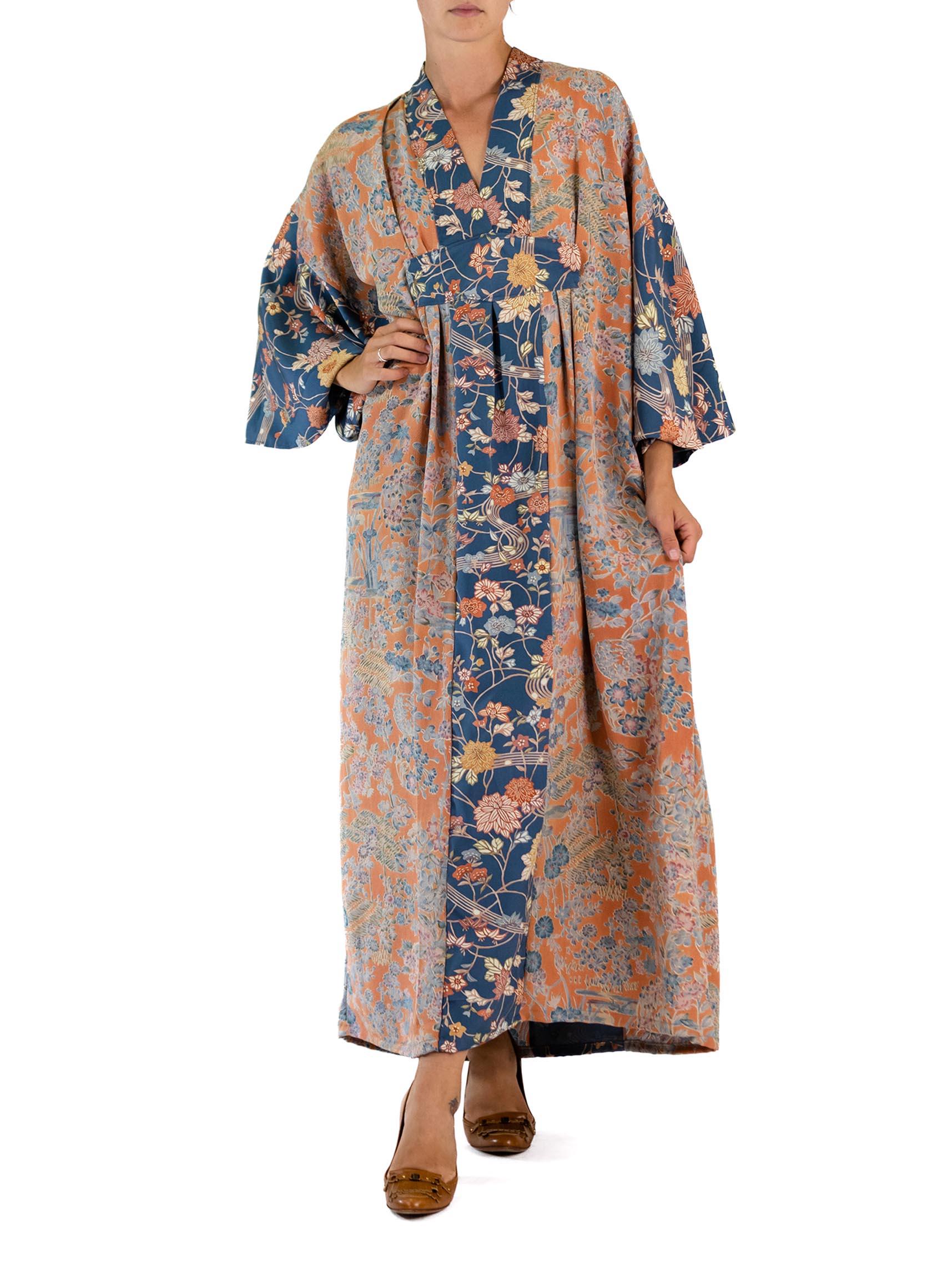 MORPHEW COLLECTION Light Orange Japanese Kimono Silk Navy Blue Trim Kaftan For Sale 1