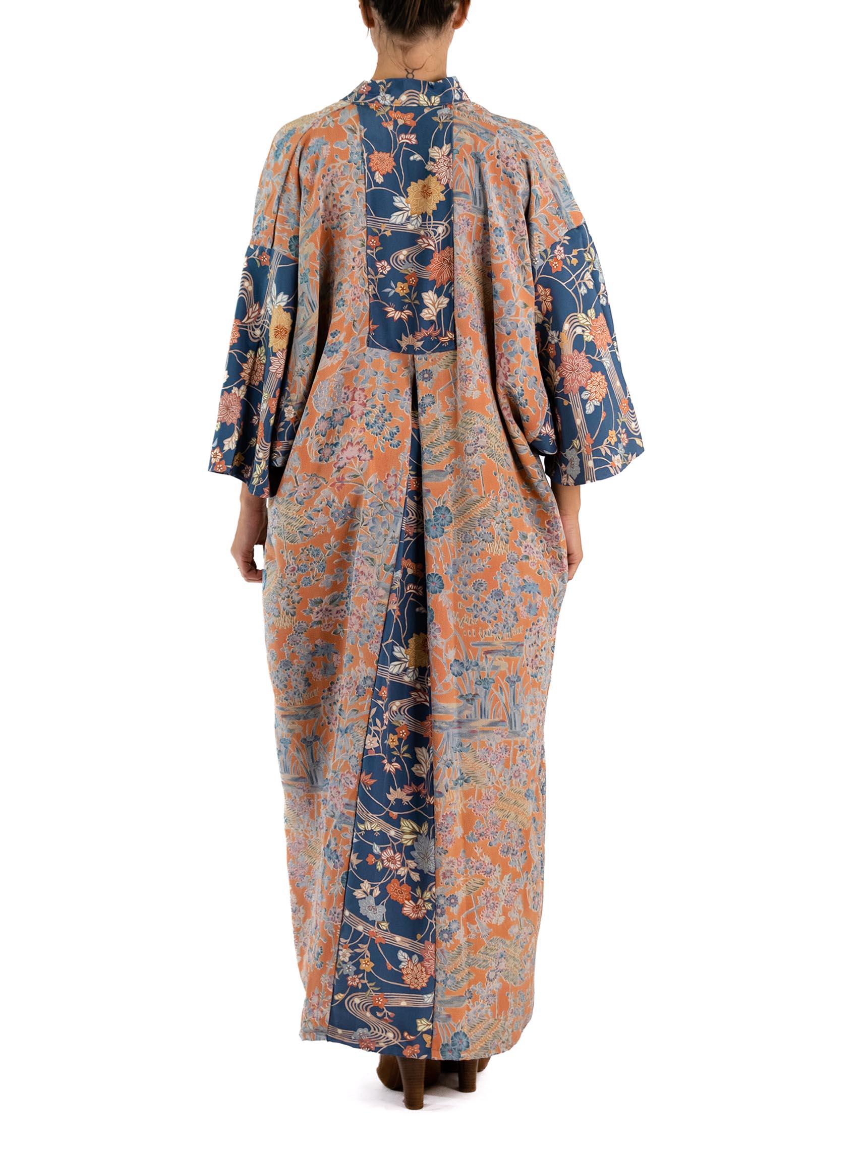 MORPHEW COLLECTION Light Orange Japanese Kimono Silk Navy Blue Trim Kaftan For Sale 2