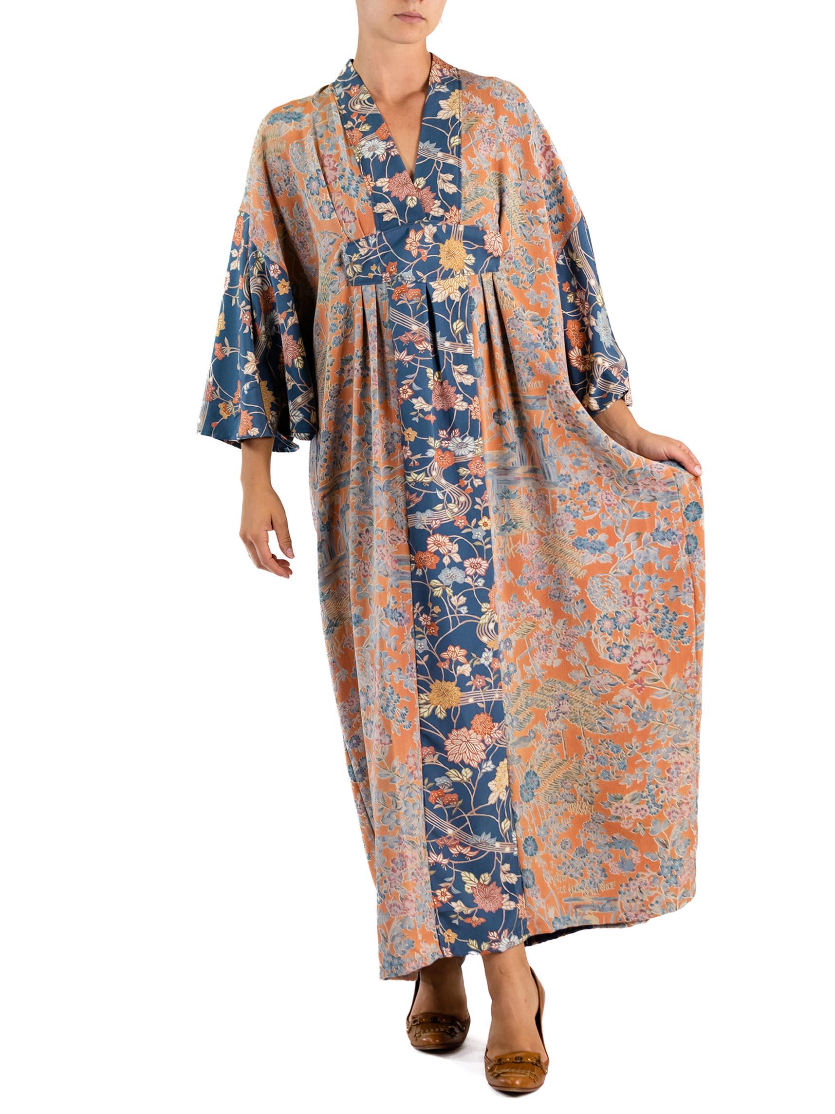 MORPHEW COLLECTION Light Orange Japanese Kimono Silk Navy Blue Trim Kaftan For Sale 3