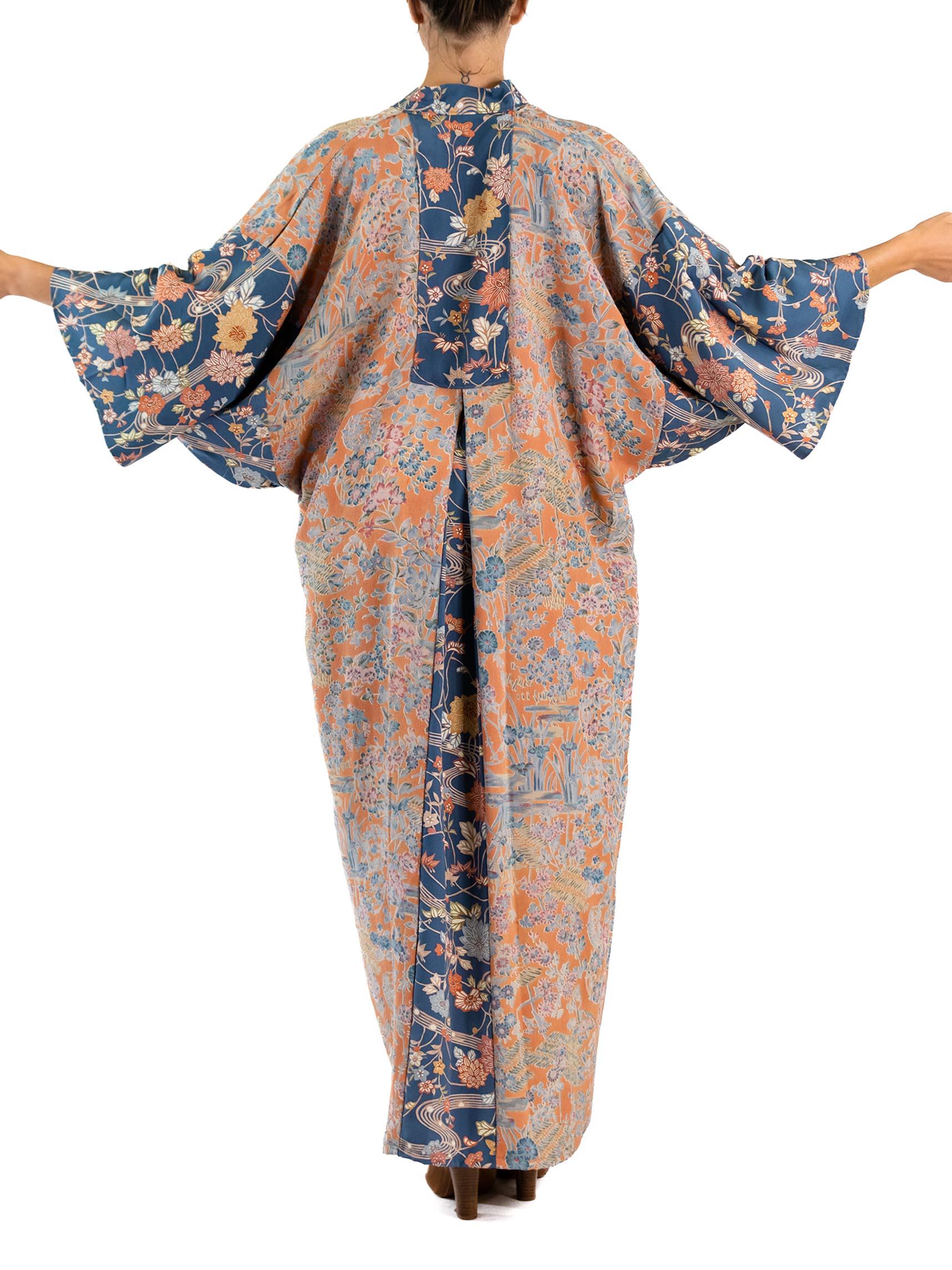 MORPHEW COLLECTION Light Orange Japanese Kimono Silk Navy Blue Trim Kaftan For Sale 4