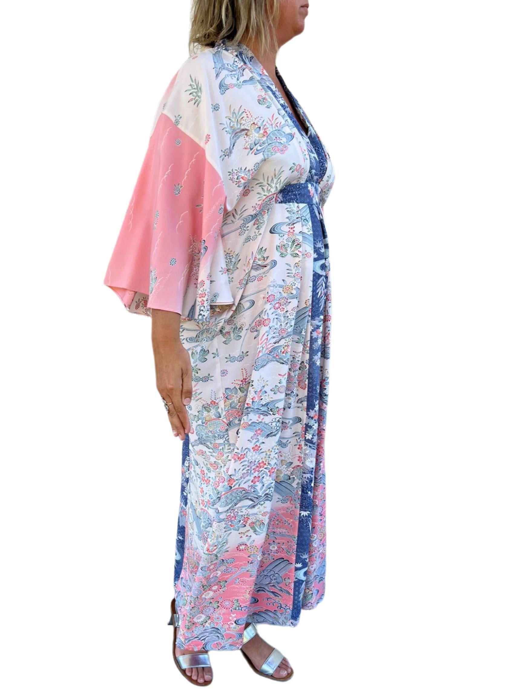 Morphew Collection Light Pink & Blue Japanese Kimono Silk Waves Florial Kaftan In Excellent Condition For Sale In New York, NY