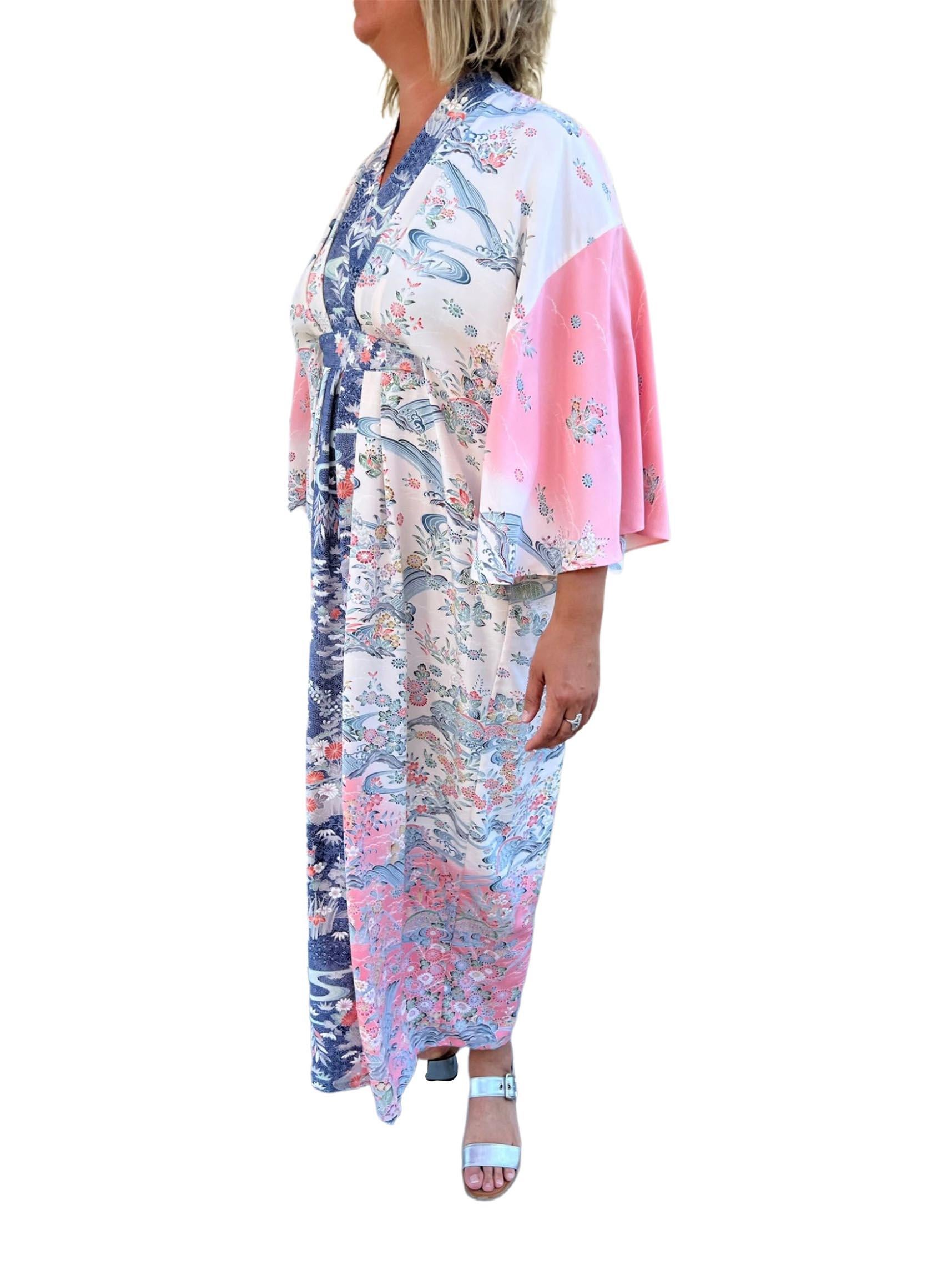 Morphew Collection Light Pink & Blue Japanese Kimono Silk Waves Florial Kaftan For Sale 1