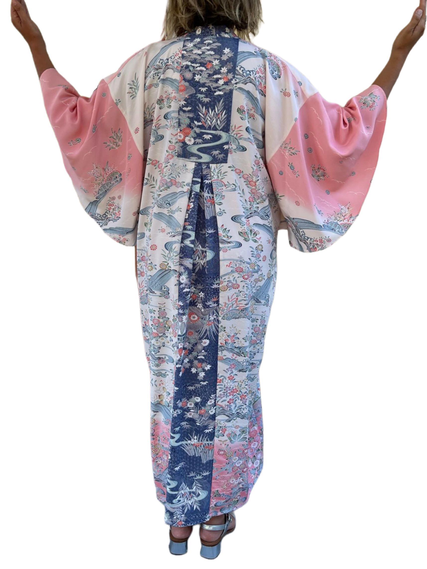 Morphew Collection Light Pink & Blue Japanese Kimono Silk Waves Florial Kaftan For Sale 2