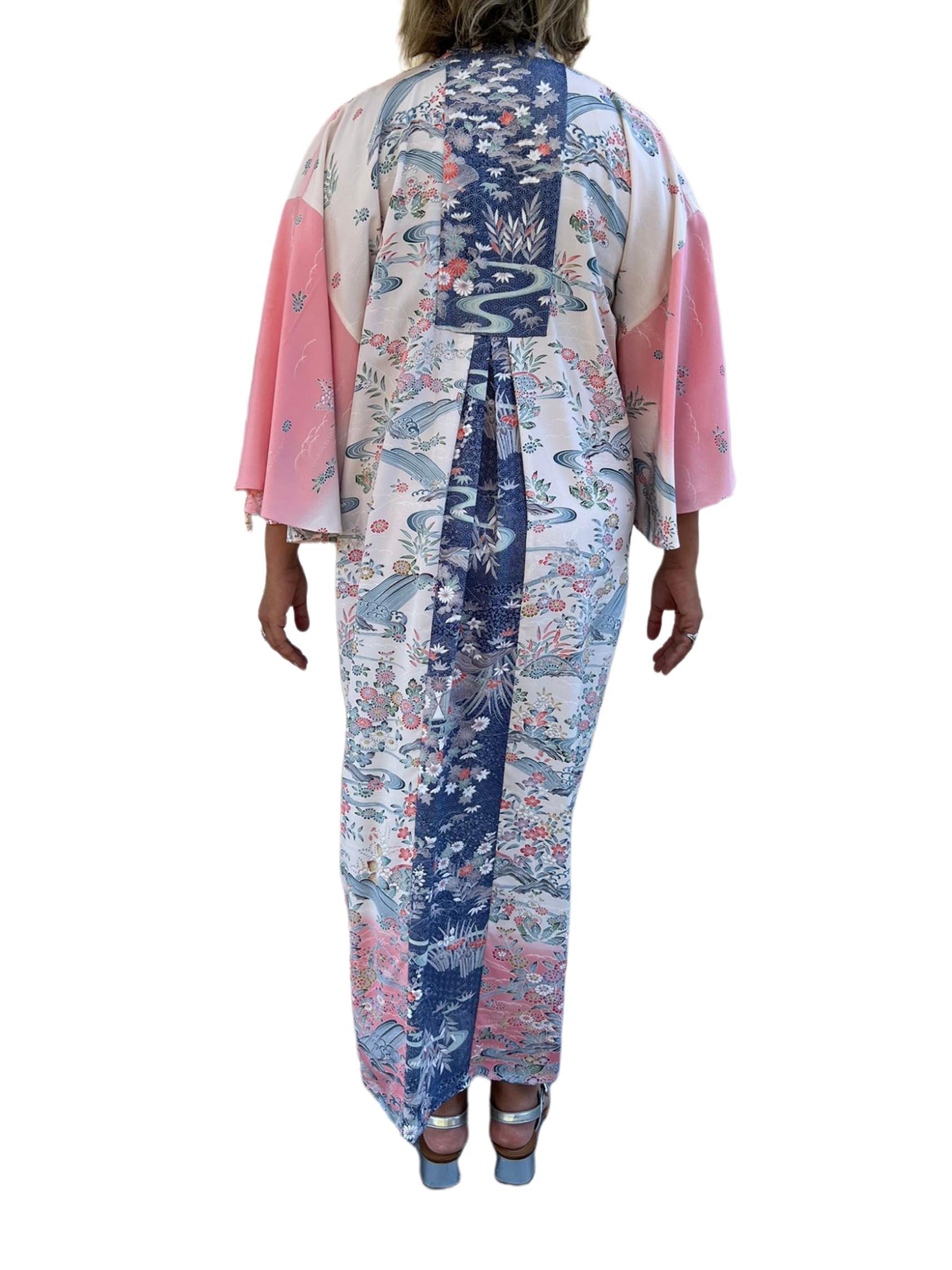 Morphew Collection Light Pink & Blue Japanese Kimono Silk Waves Florial Kaftan For Sale 3