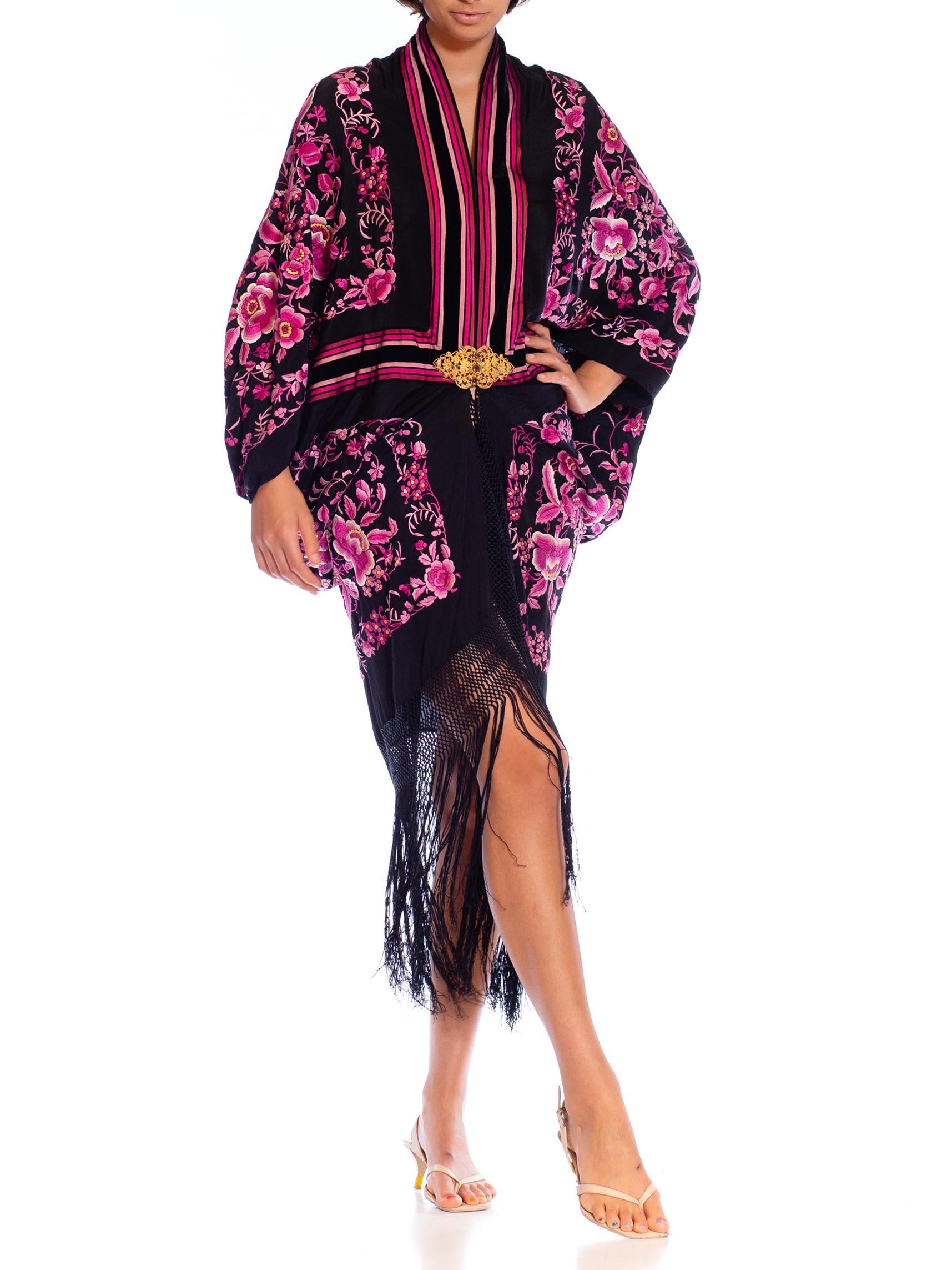MORPHEW COLLECTION Lilac & Black Silk Embroidered Floral Cocoon With Fringe Gol For Sale 2