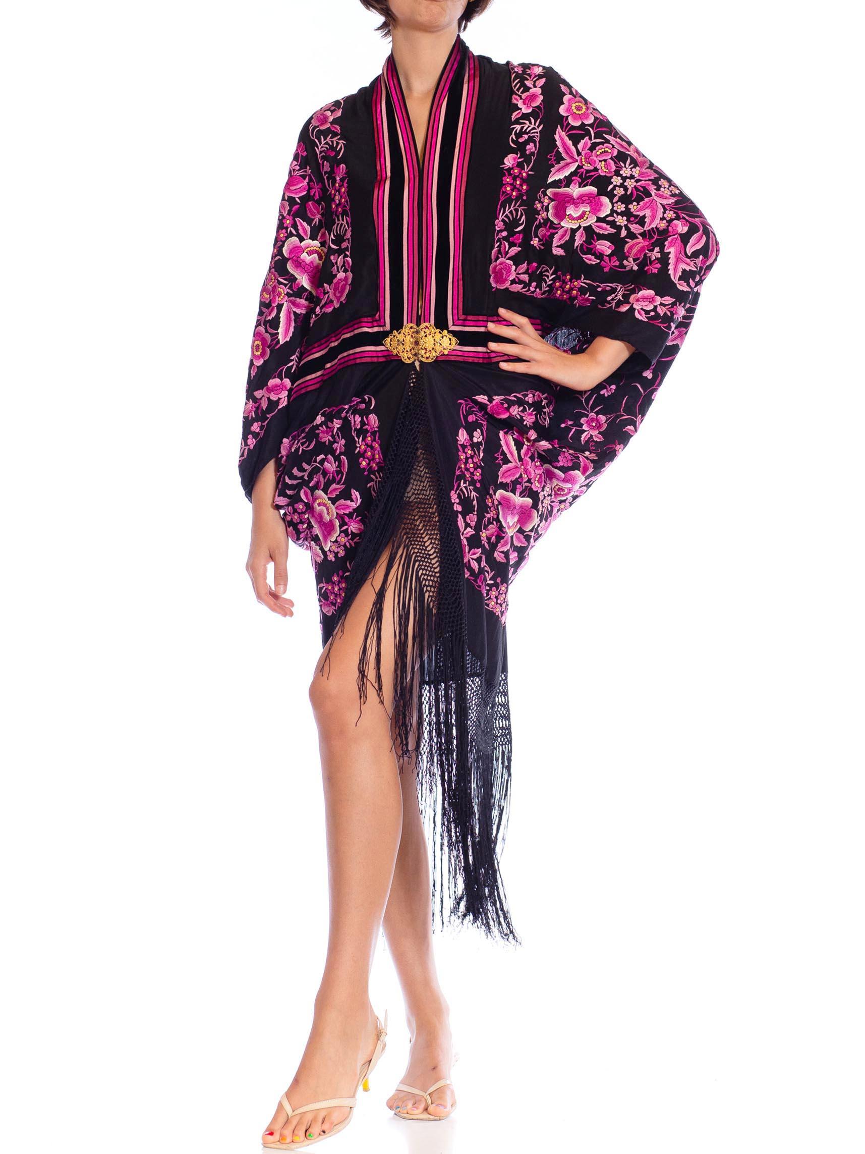 MORPHEW COLLECTION Lilac & Black Silk Embroidered Floral Cocoon With Fringe Gol For Sale 3