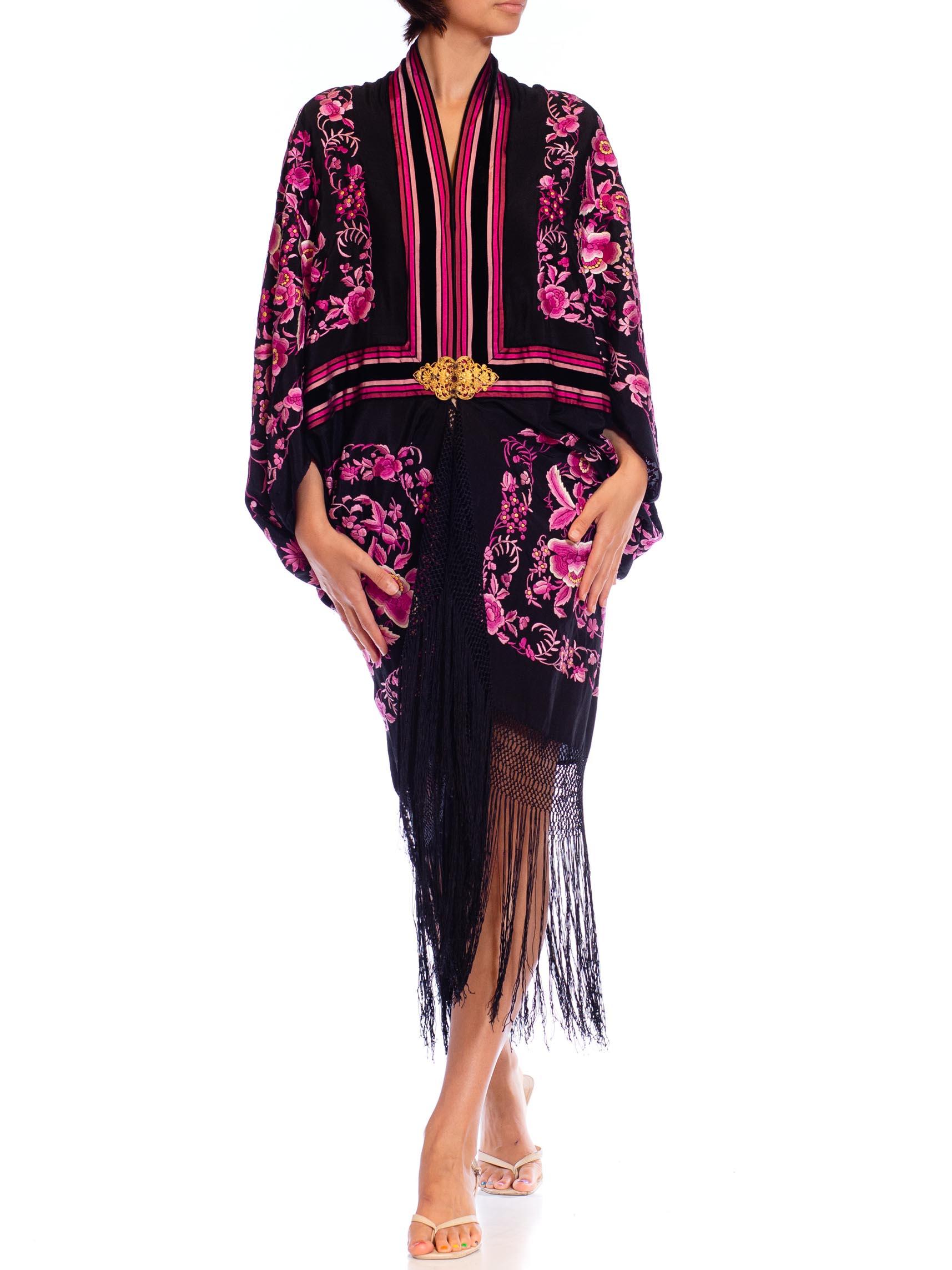 MORPHEW COLLECTION Lilac & Black Silk Embroidered Floral Cocoon With Fringe Gol For Sale 4