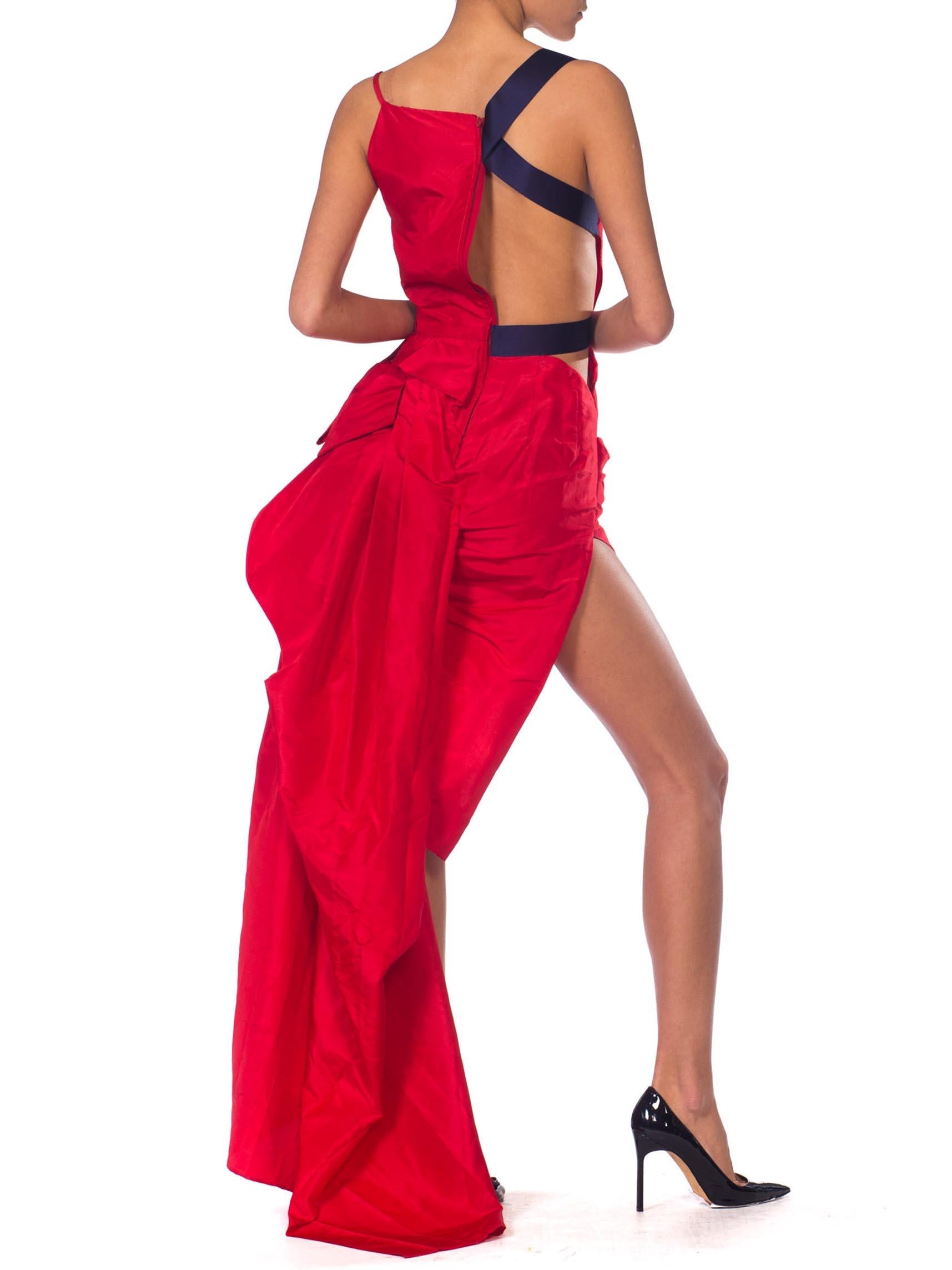 De las mujeres MORPHEW COLLECTION Vestido de cóctel recortado en tafetán de seda azul marino y rojo carmín