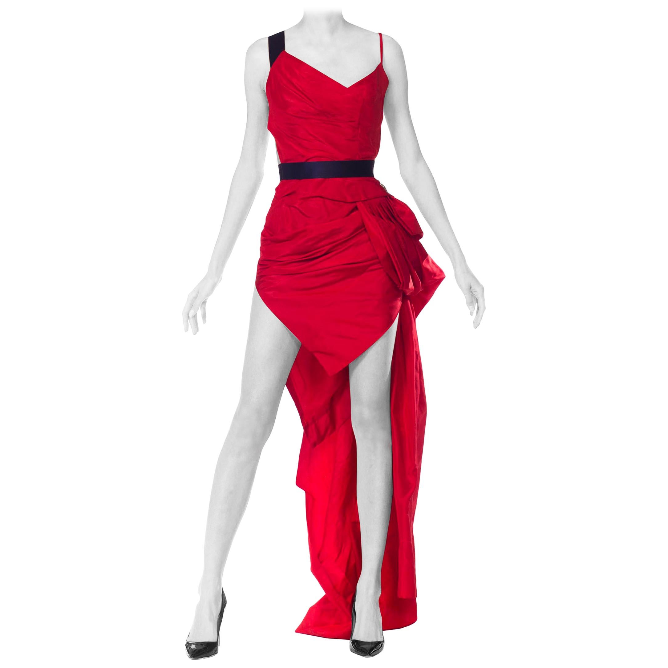 MORPHEW COLLECTION Lipstick Red & Navy Silk Taffeta Cut-Out Cocktail Dress