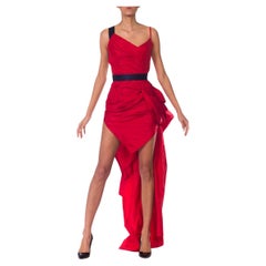 MORPHEW COLLECTION Vestido de cóctel recortado en tafetán de seda azul marino y rojo carmín