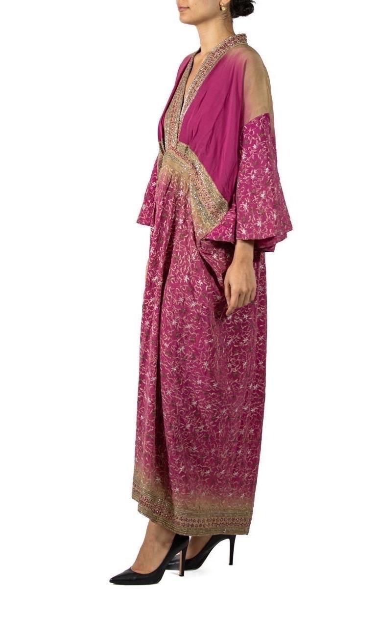 MORPHEW COLLECTION Magenta & Beige Indian Sari Silk Butterfly Sleeve Kaftan Dre In Excellent Condition For Sale In New York, NY