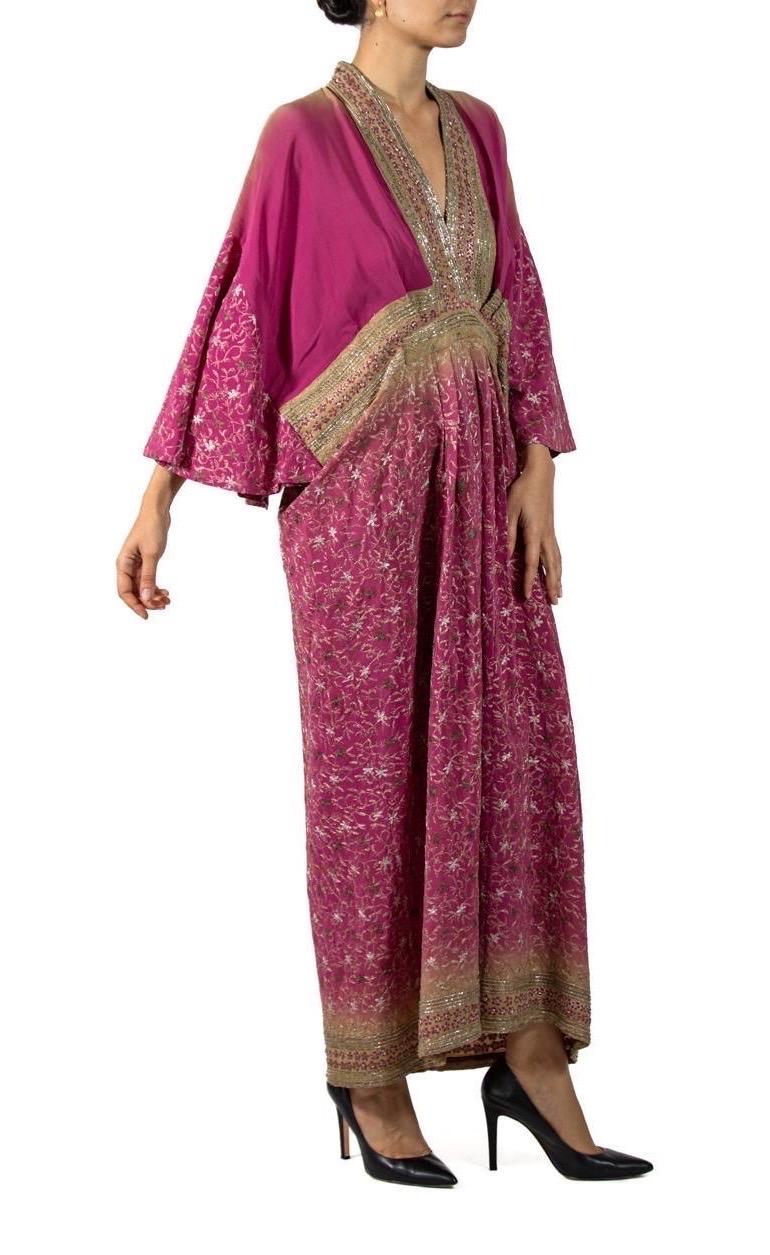 Women's MORPHEW COLLECTION Magenta & Beige Indian Sari Silk Butterfly Sleeve Kaftan Dre For Sale