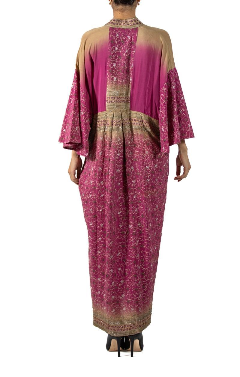 MORPHEW COLLECTION Magenta & Beige Indian Sari Silk Butterfly Sleeve Kaftan Dre For Sale 1