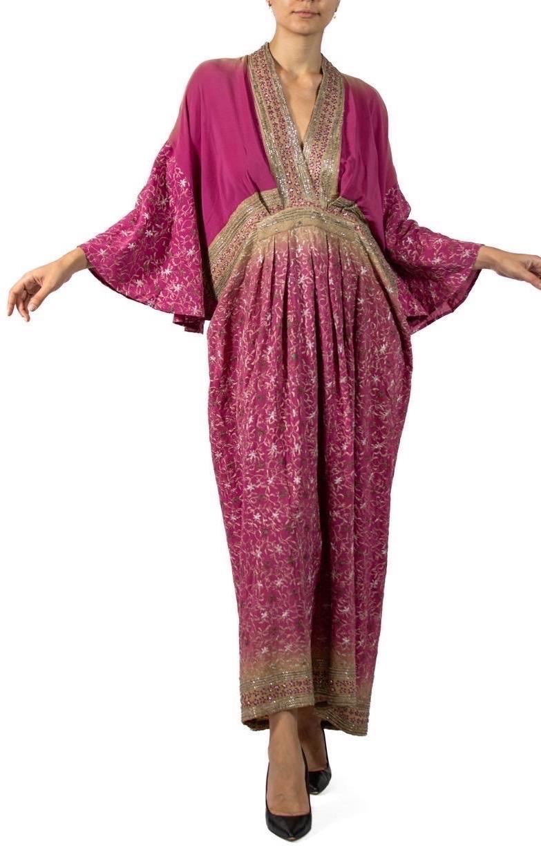 MORPHEW COLLECTION Magenta & Beige Indian Sari Silk Butterfly Sleeve Kaftan Dre For Sale 2