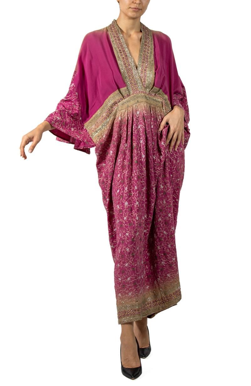 MORPHEW COLLECTION Magenta & Beige Indian Sari Silk Butterfly Sleeve Kaftan Dre For Sale 3