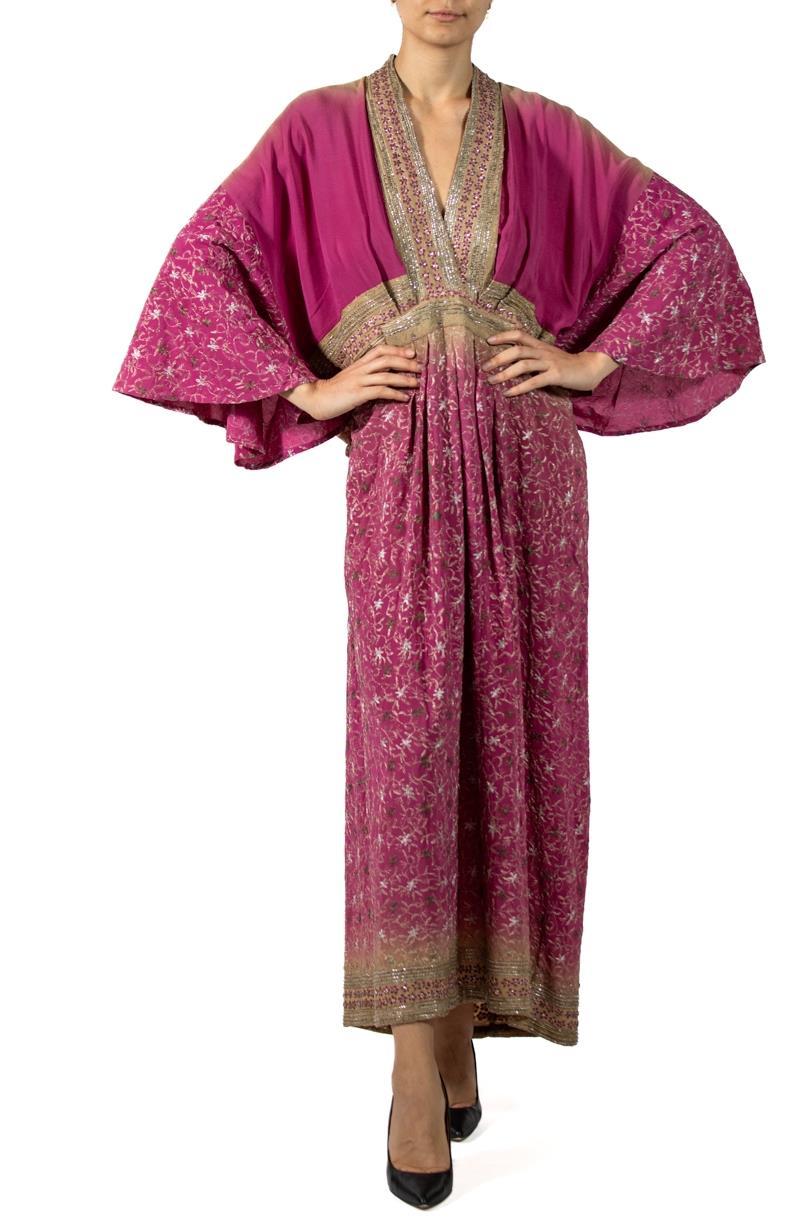 MORPHEW COLLECTION Magenta & Beige Indian Sari Silk Butterfly Sleeve Kaftan Dre For Sale 4