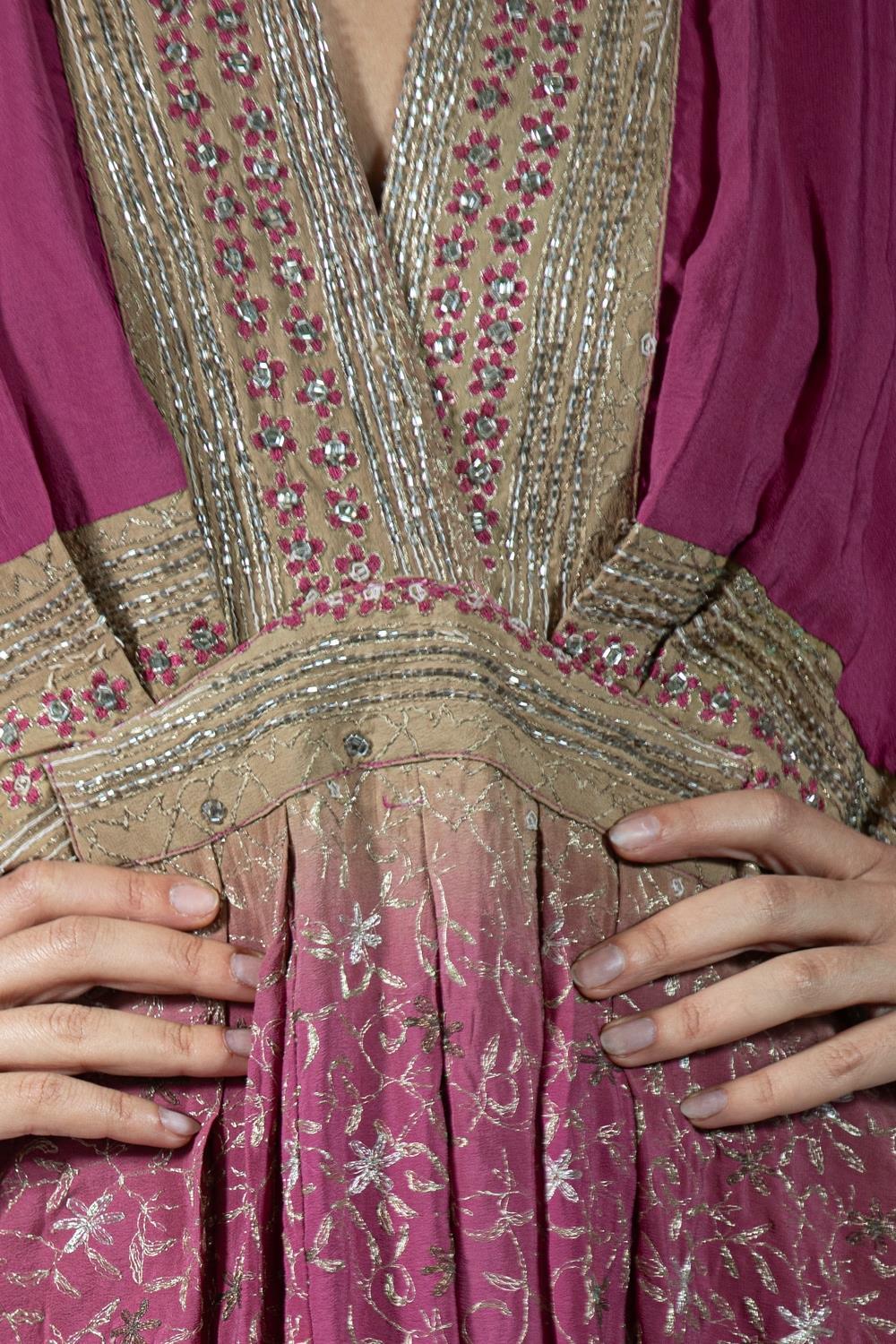 MORPHEW COLLECTION Magenta & Beige Indian Sari Silk Butterfly Sleeve Kaftan Dre For Sale 5
