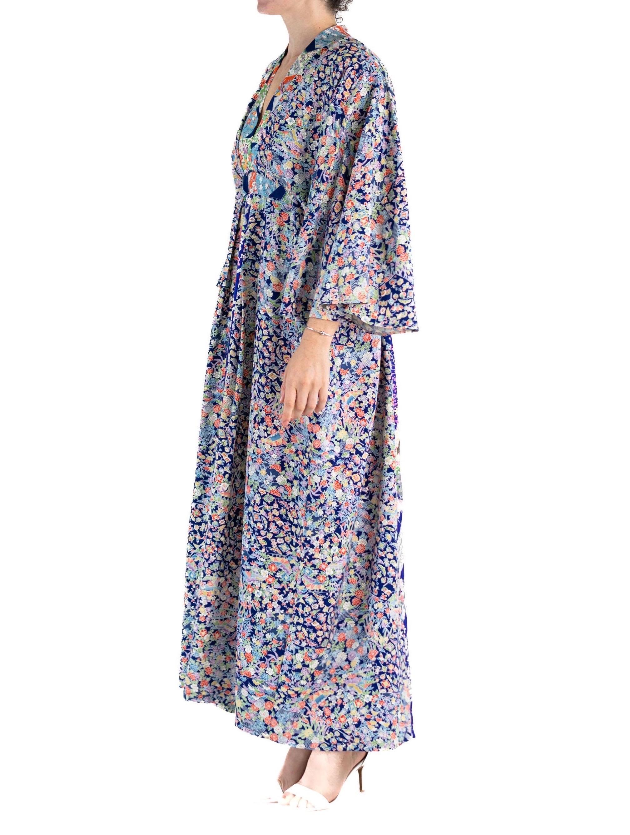 MORPHEW COLLECTION Mixed Blues Japanese Kimono Silk Floral Print Kaftan In Excellent Condition For Sale In New York, NY