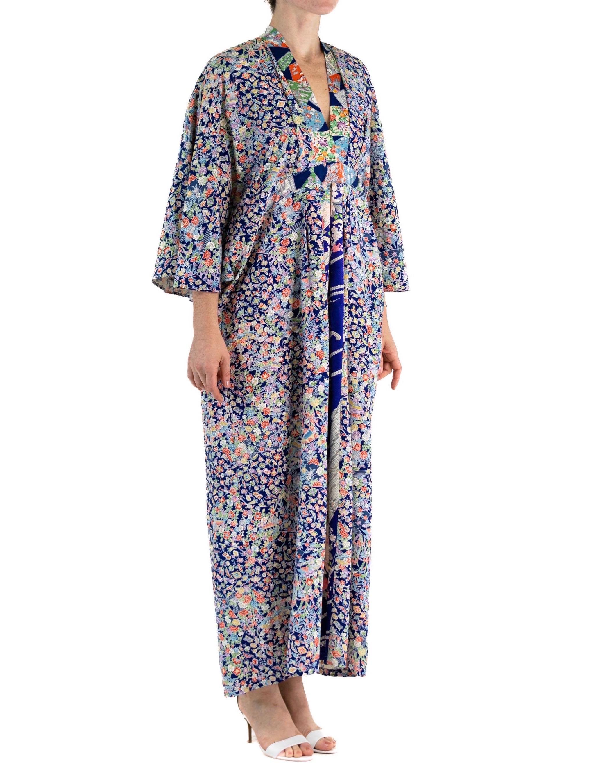 MORPHEW COLLECTION Mixed Blues Japanese Kimono Silk Floral Print Kaftan For Sale 1