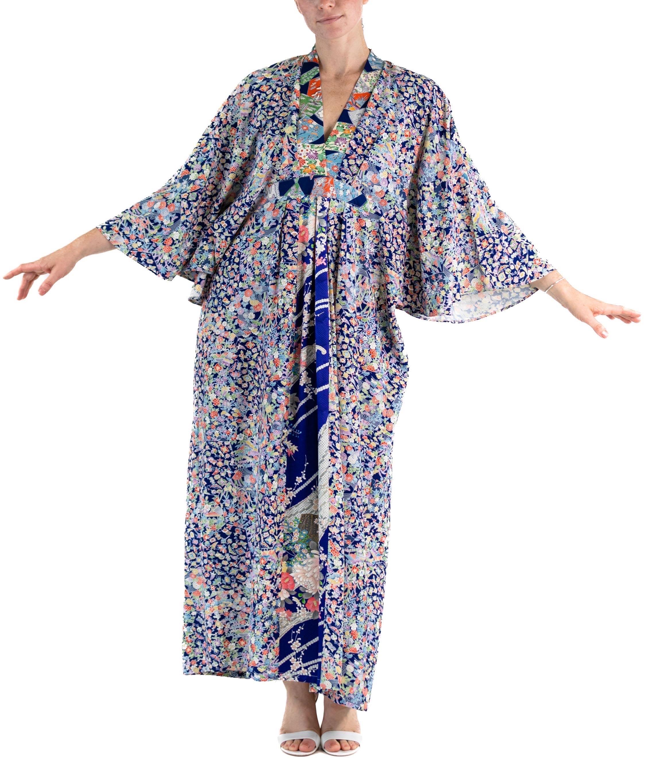 MORPHEW COLLECTION Mixed Blues Japanese Kimono Silk Floral Print Kaftan For Sale 2