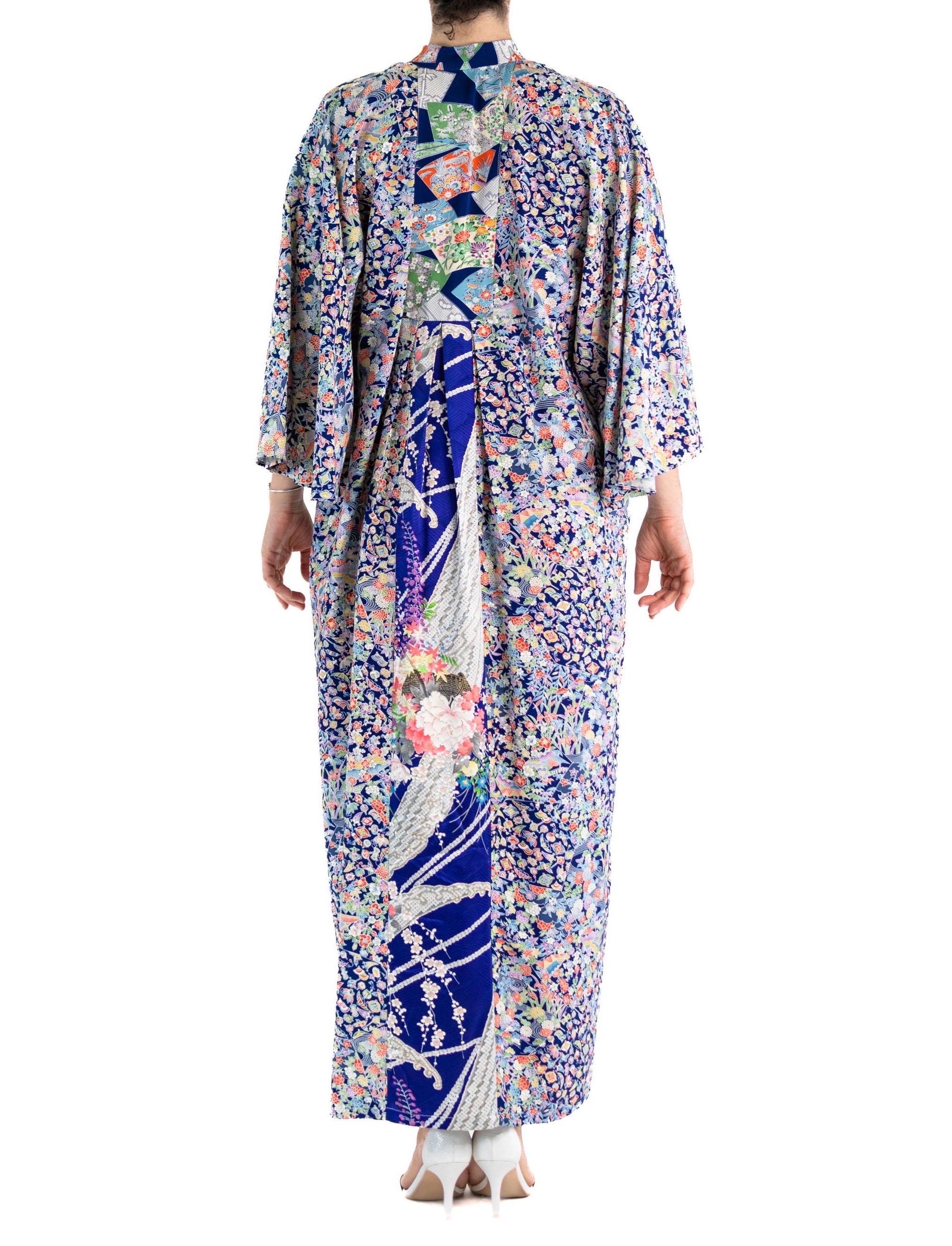 MORPHEW COLLECTION Mixed Blues Japanese Kimono Silk Floral Print Kaftan For Sale 3