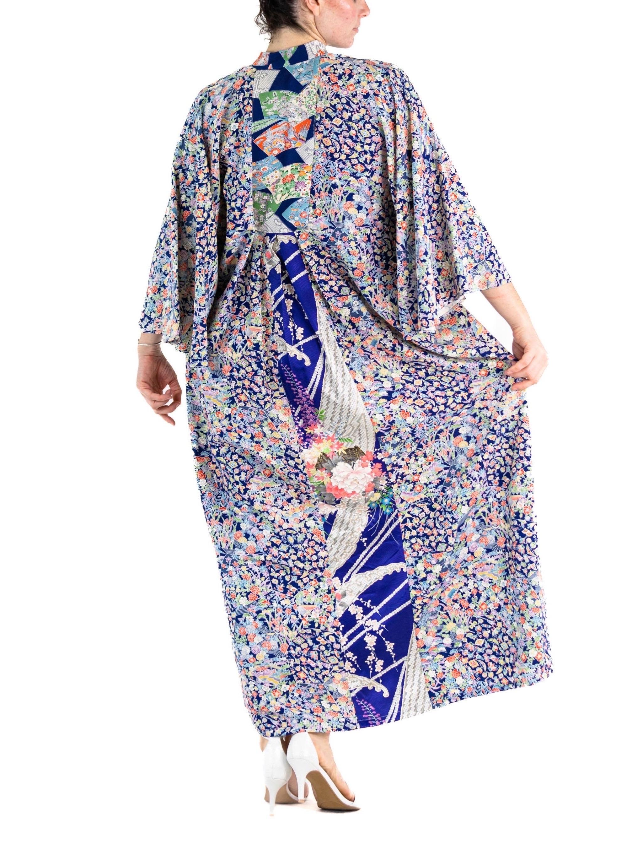 MORPHEW COLLECTION Mixed Blues Japanese Kimono Silk Floral Print Kaftan For Sale 4