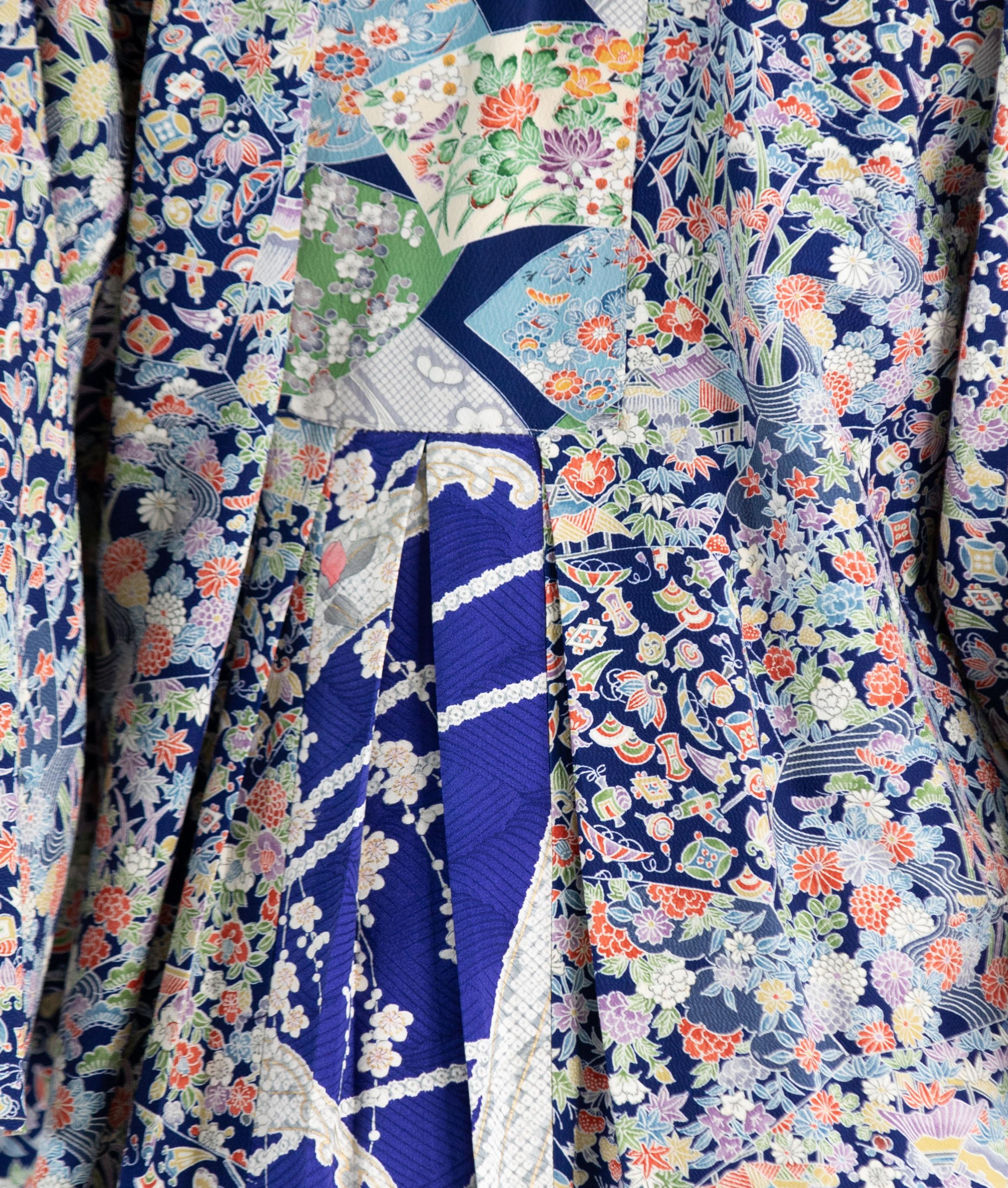 MORPHEW COLLECTION Mixed Blues Japanese Kimono Silk Floral Print Kaftan For Sale 5