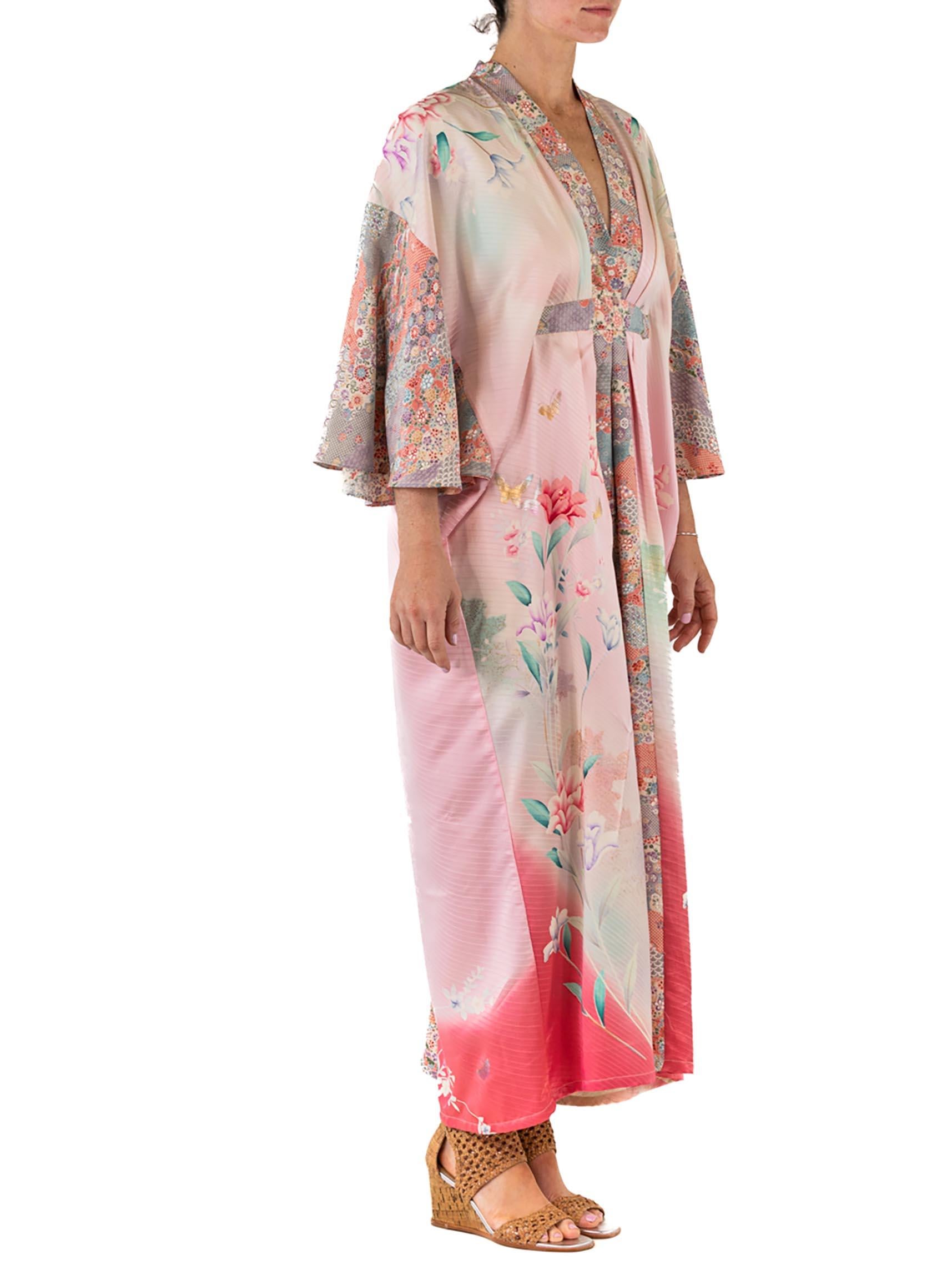 MORPHEW COLLECTION Mixed Pastels Floral Print Japanese Kimono Silk Pleate Kaftan In New Condition For Sale In New York, NY