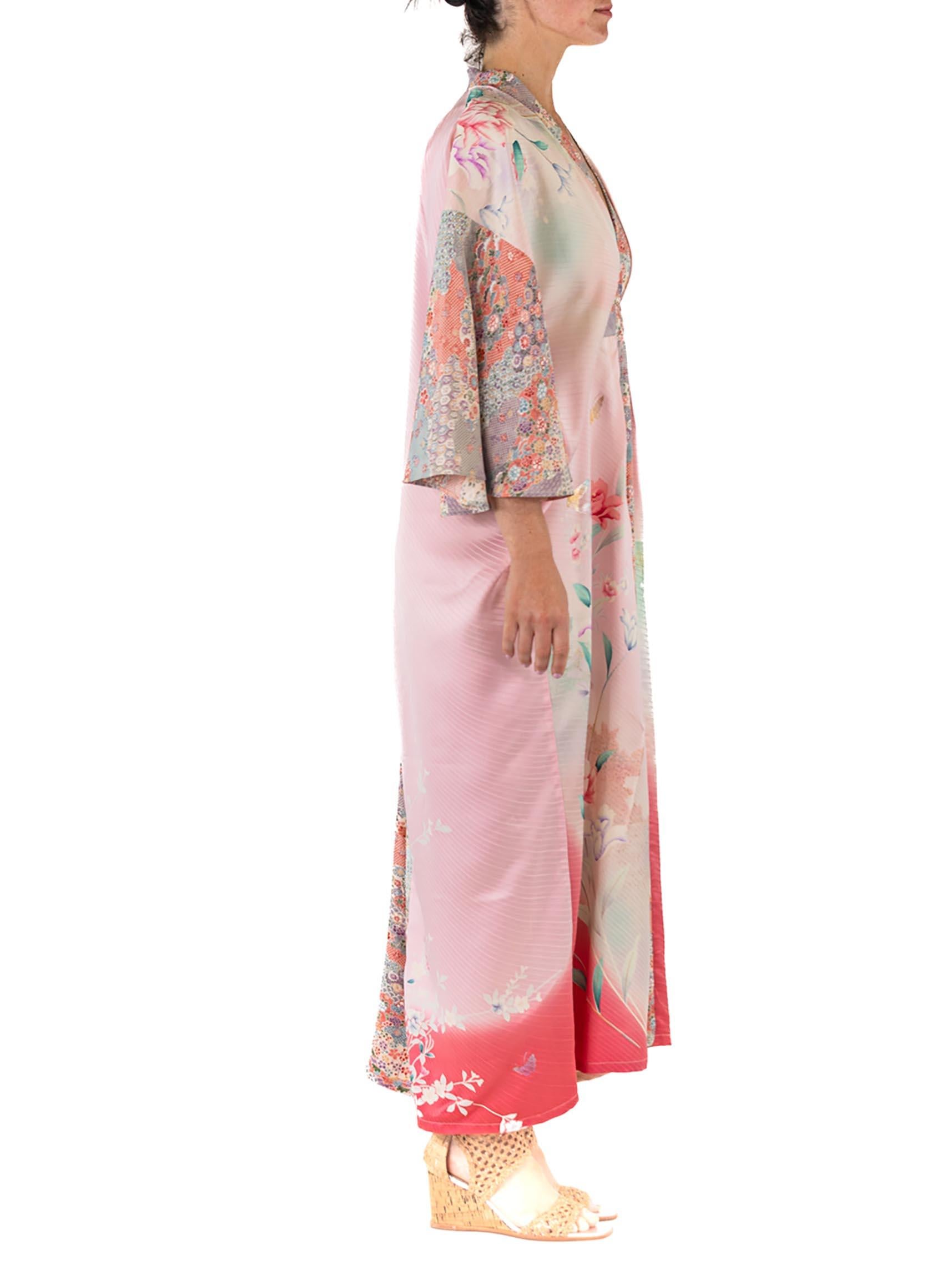 MORPHEW COLLECTION Mixed Pastels Floral Print Japanese Kimono Silk Pleate Kaftan For Sale 1